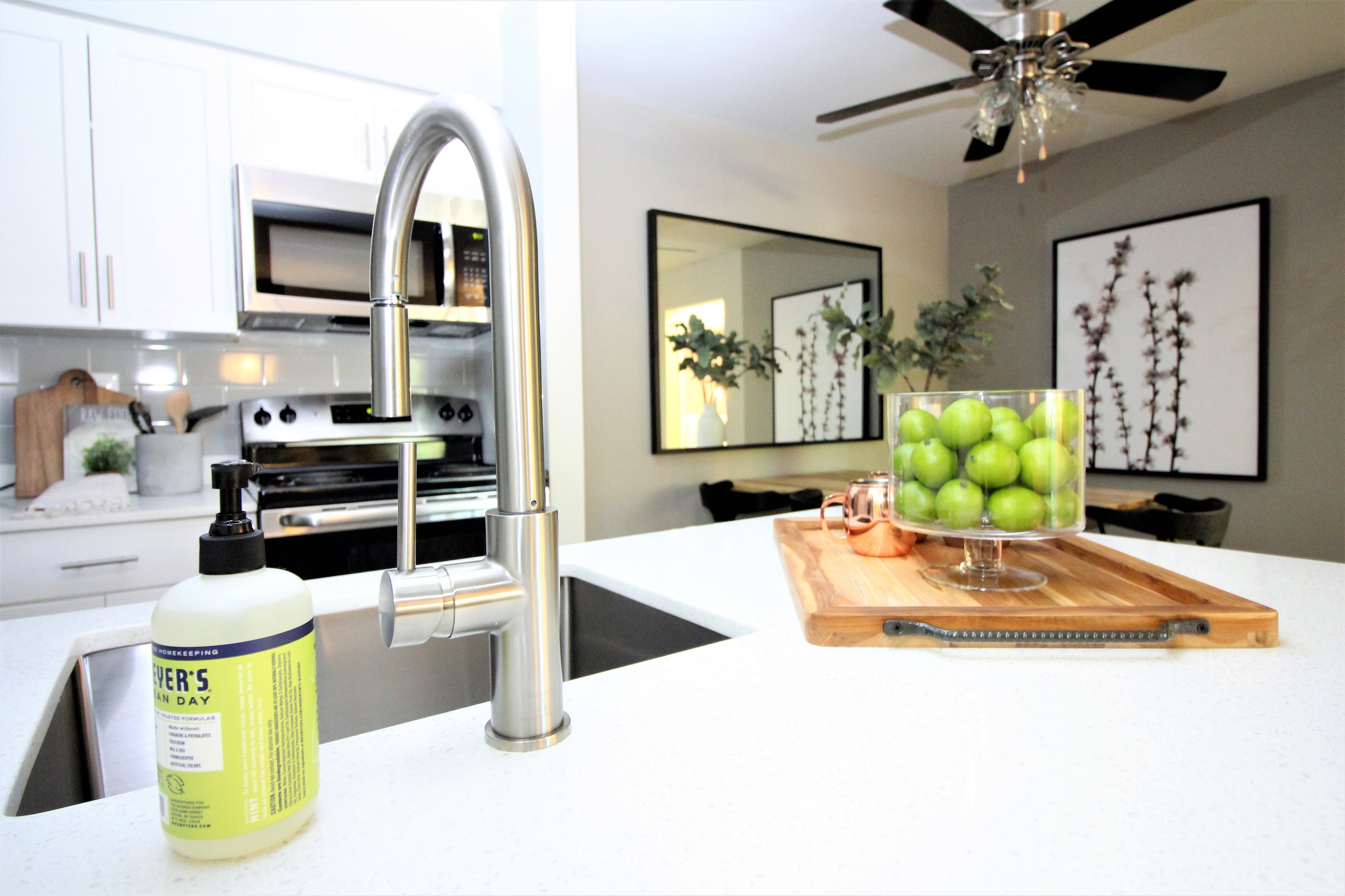 Close up of kitchen faucet with spray nozzle