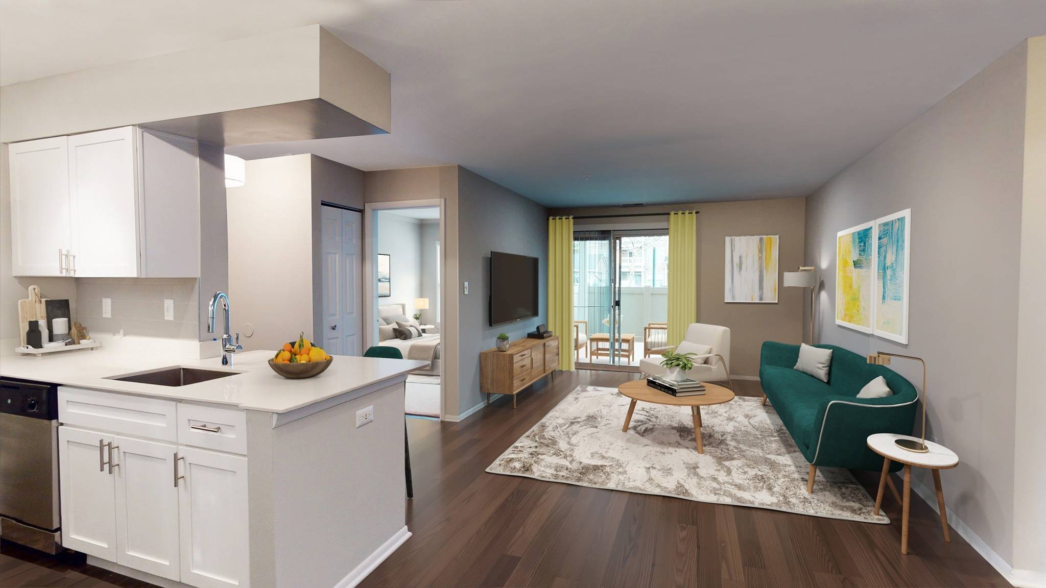 Alister Town Center Columbia living room, apartment is digitally staged.