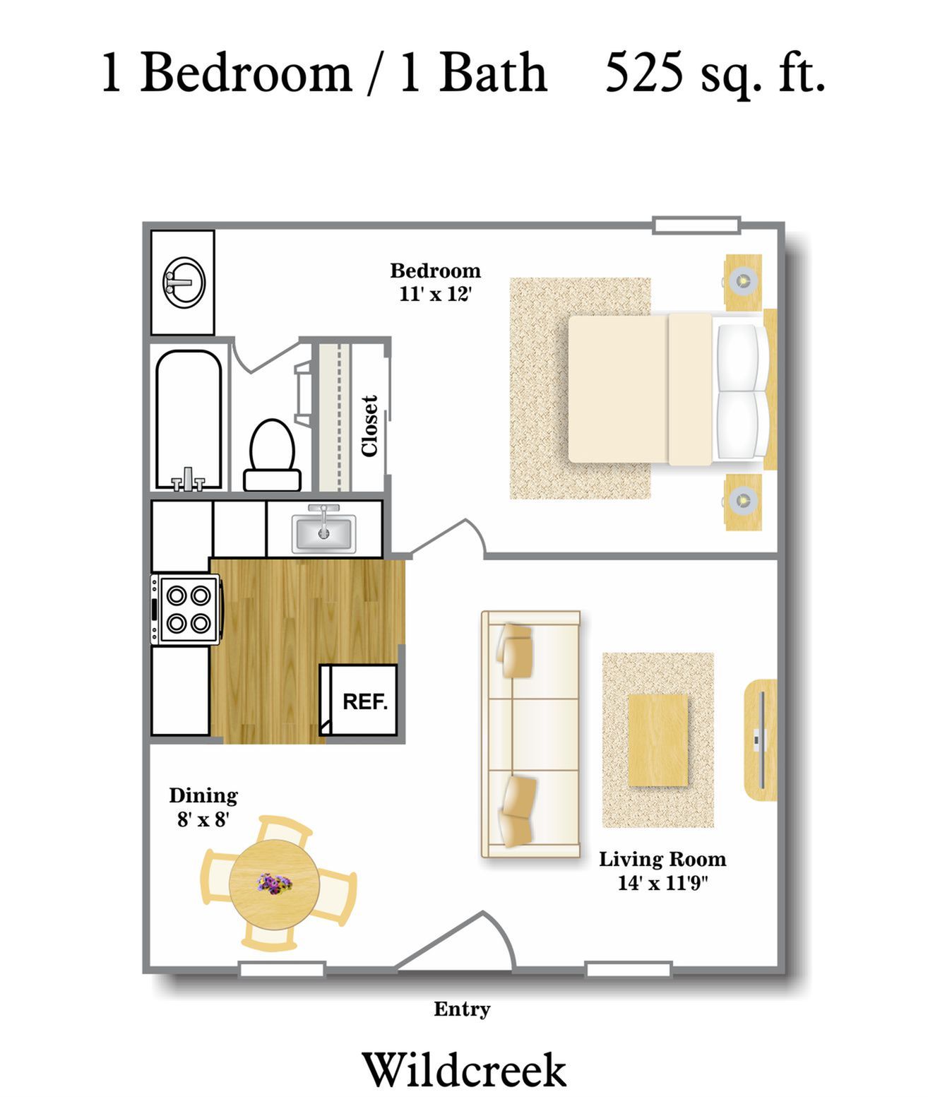 1 Bedroom Floor Plan | South Central Austin Apartments | Wildcreek Apartments