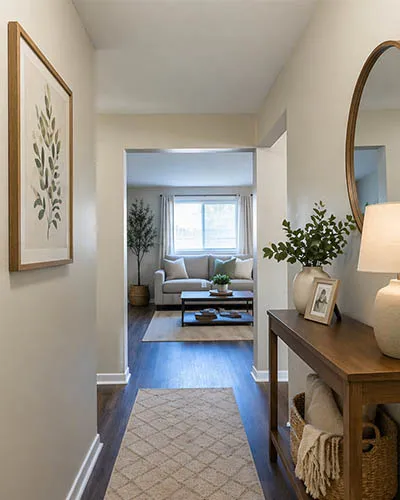 Inviting hallway leading to a bright living room with modern decor; warm wood tones and natural light create a cozy atmosphere.