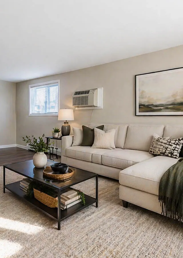 Inviting living room with a chic beige sectional sofa, stylish coffee table, elegant wall art, and modern decor accents.