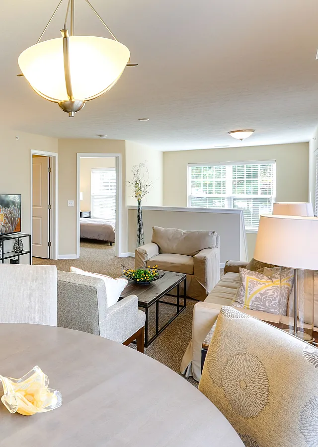 Bright open-concept apartment featuring modern kitchen with stainless steel appliances, cozy living area with natural light, and elegant dining space.