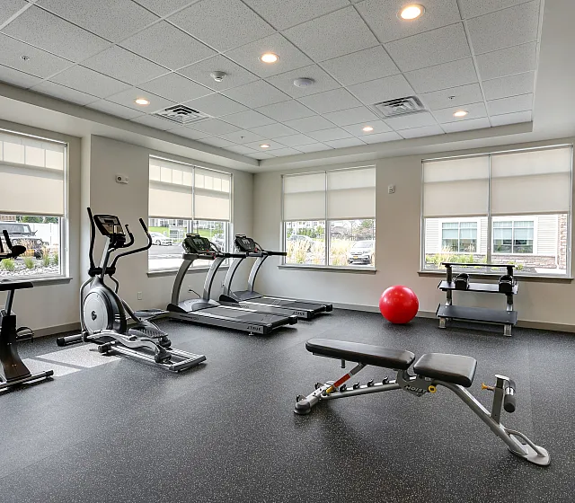 Modern fitness center featuring state-of-the-art exercise equipment, ample natural light, and sleek interior design.