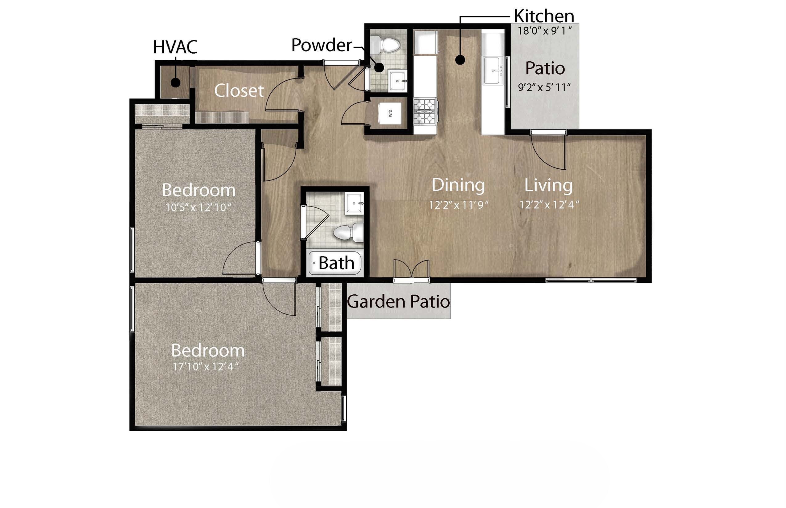 2-bedroom, 1.5-bath floor plan with living/dining area, kitchen, two patios, and two bedrooms