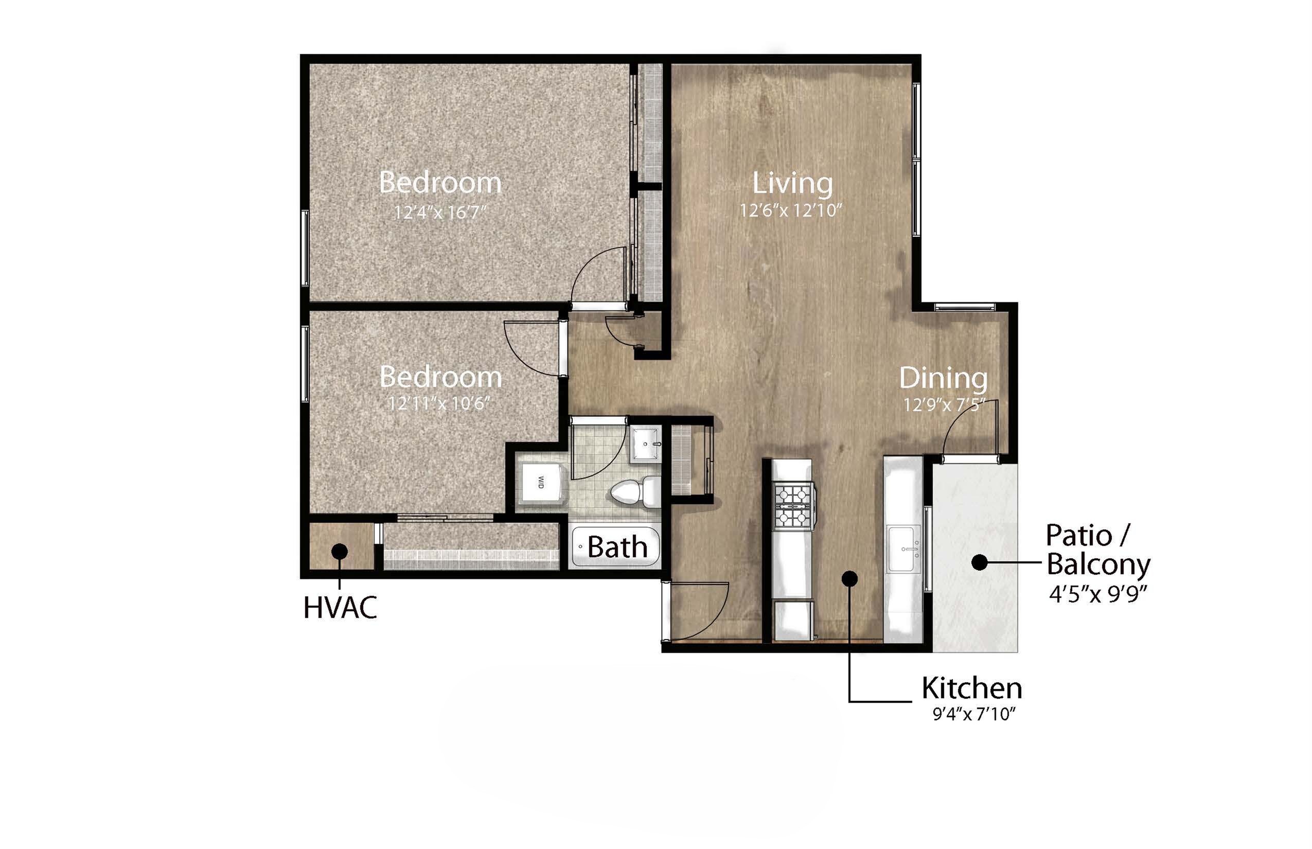 2-bedroom floor plan with living/dining area, kitchen, bath, and balcony.
