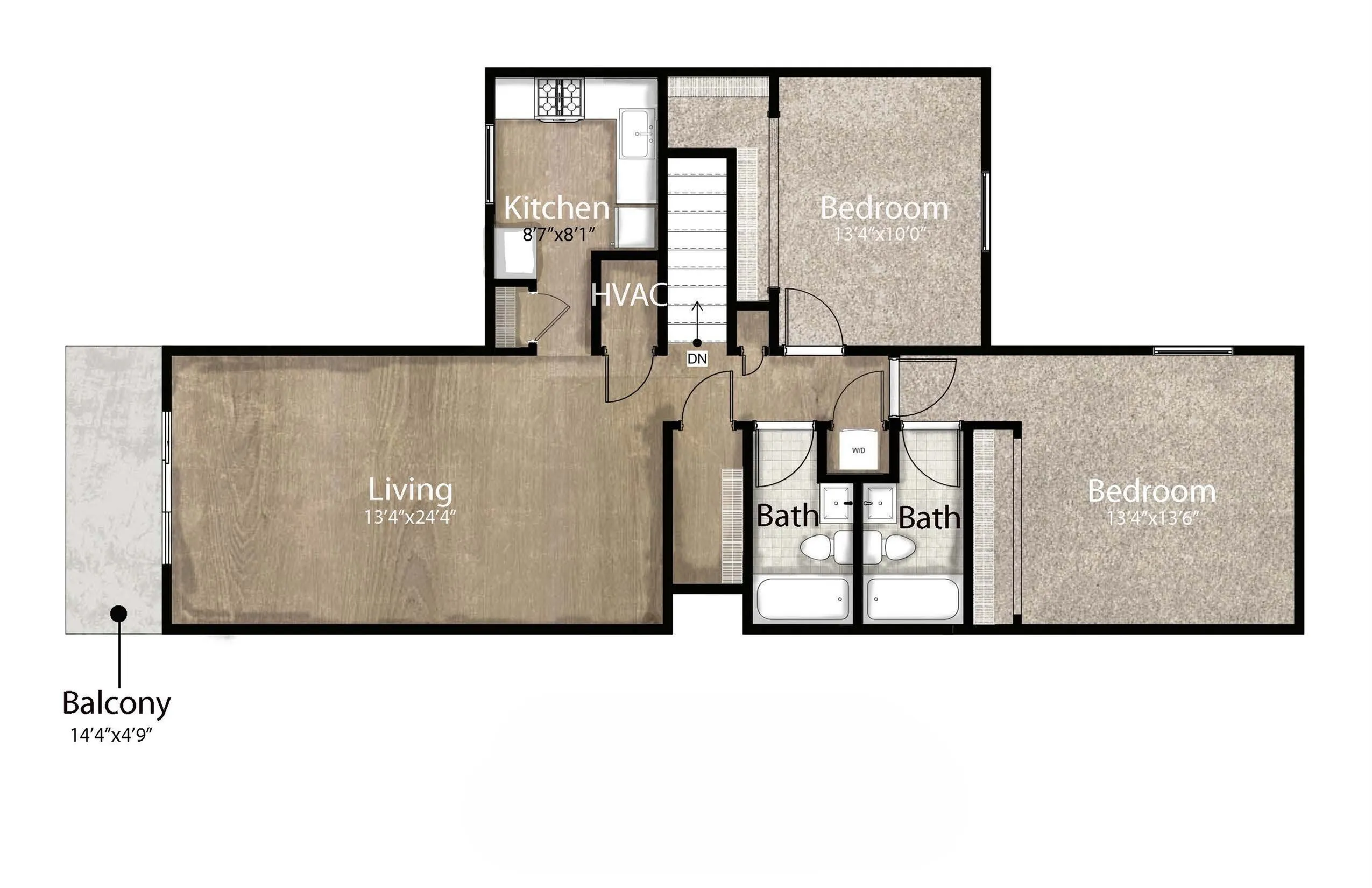 2-bedroom, 2-bath floor plan with large living area, kitchen, two bedrooms, two baths, and balcony.