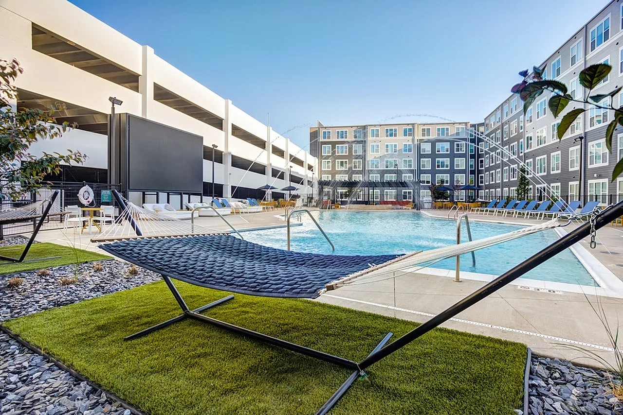 Pool and Jumbotron at The Banks Iowa Apartments