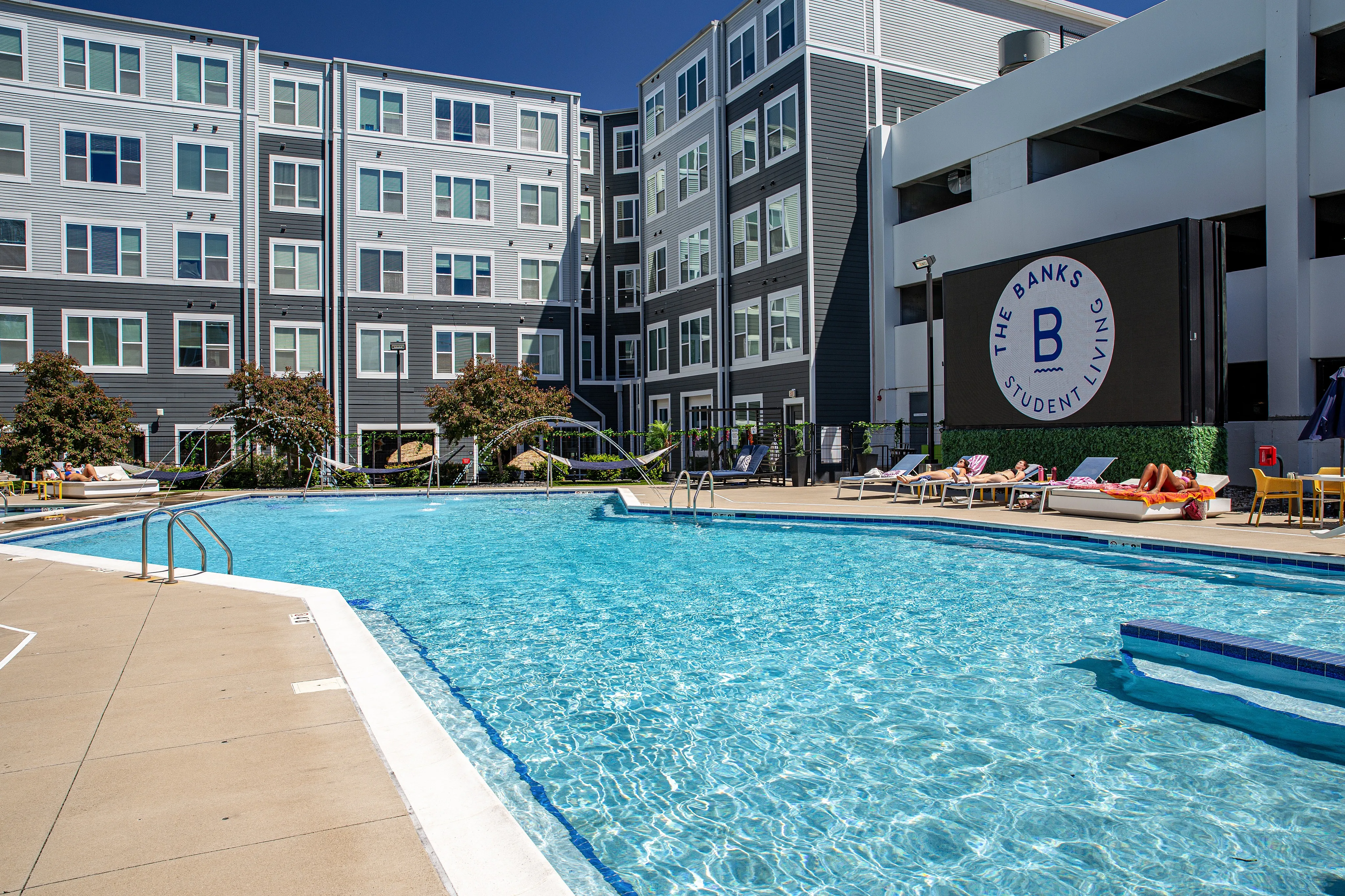 Pool and Jumbotron at The Banks Iowa Apartments