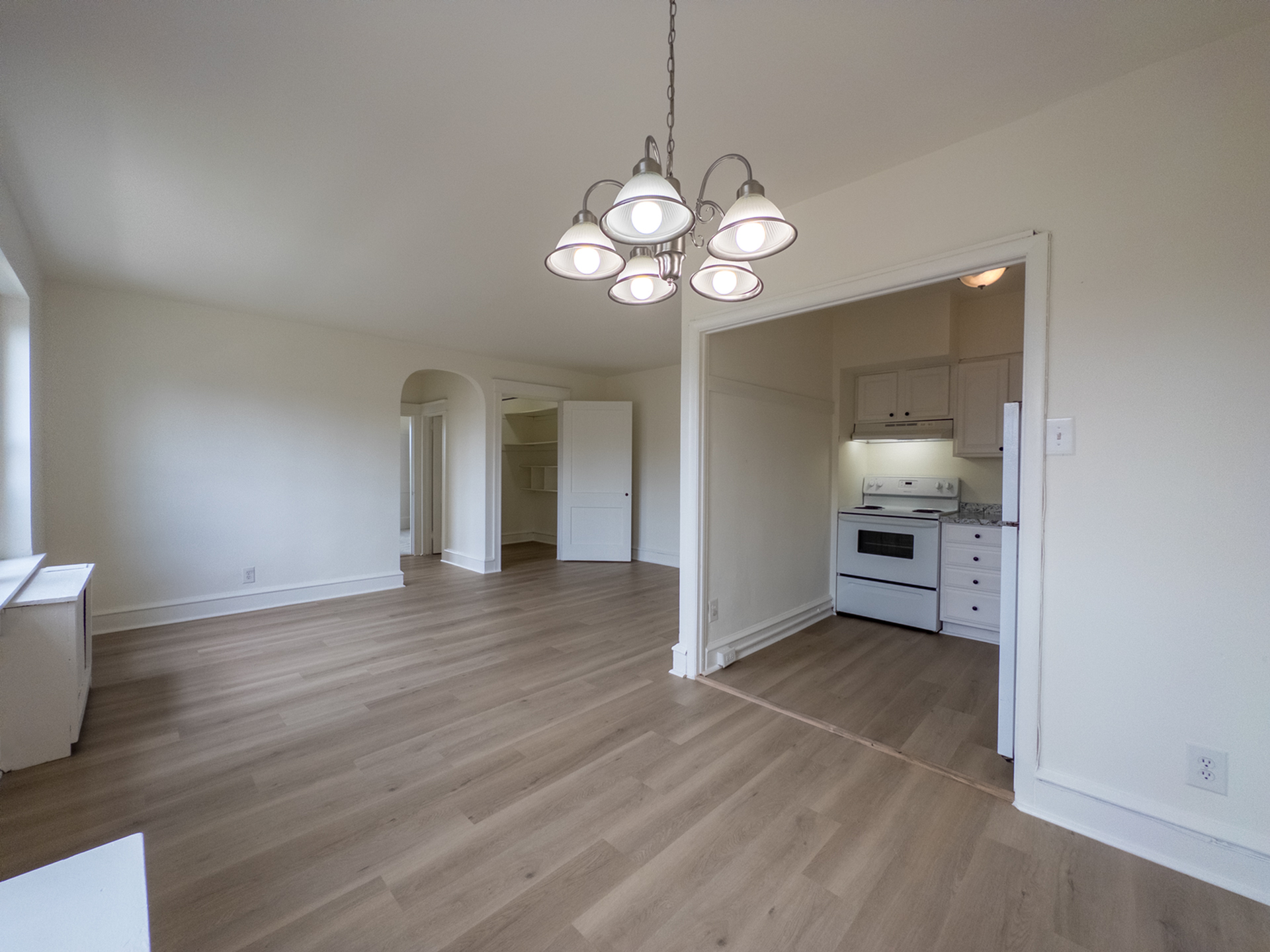 apartment dining area leading to kitchen and living room, wood panel floors, chandelier, storage closet in living room