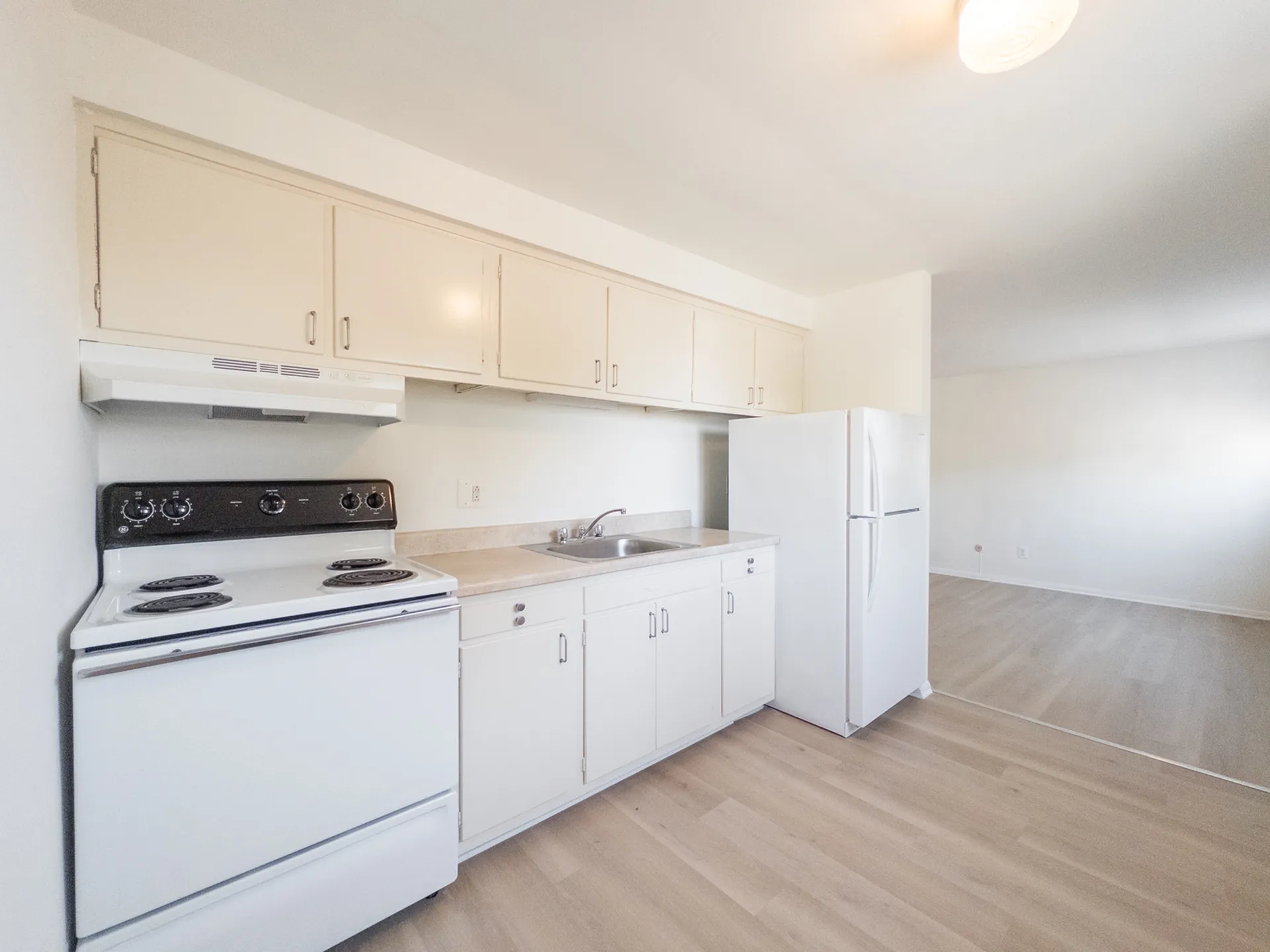 apartment kitchen, cabinets, stone counter, refrigerator, range with hood, wood floor, overhead light