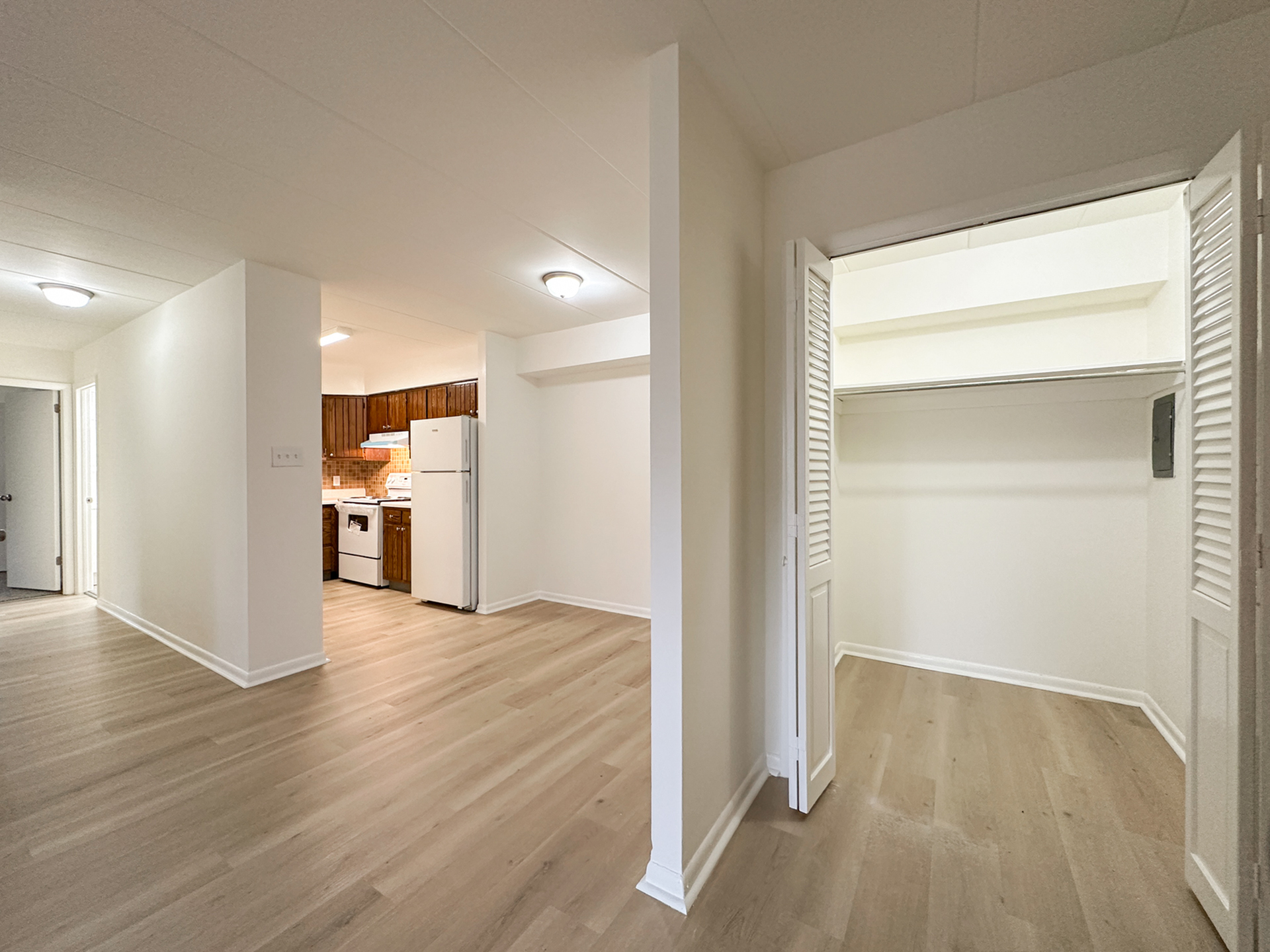 Bright apartment space featuring an open kitchen with wooden cabinets and spacious walk-in closet, showcasing modern flooring and neutral tones.