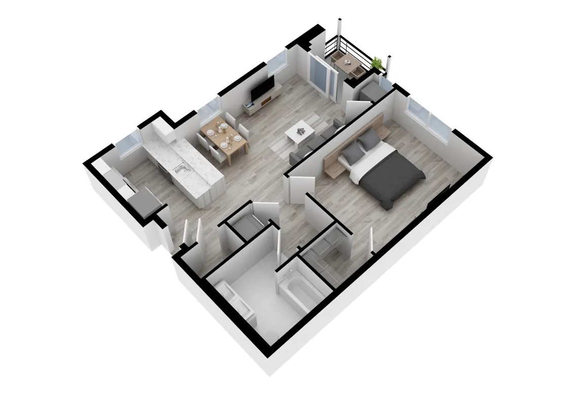 Modern 3D apartment floor plan showcasing a spacious one-bedroom layout with open-concept kitchen and dining area, stylish living room with balcony, and sleek bathroom design.