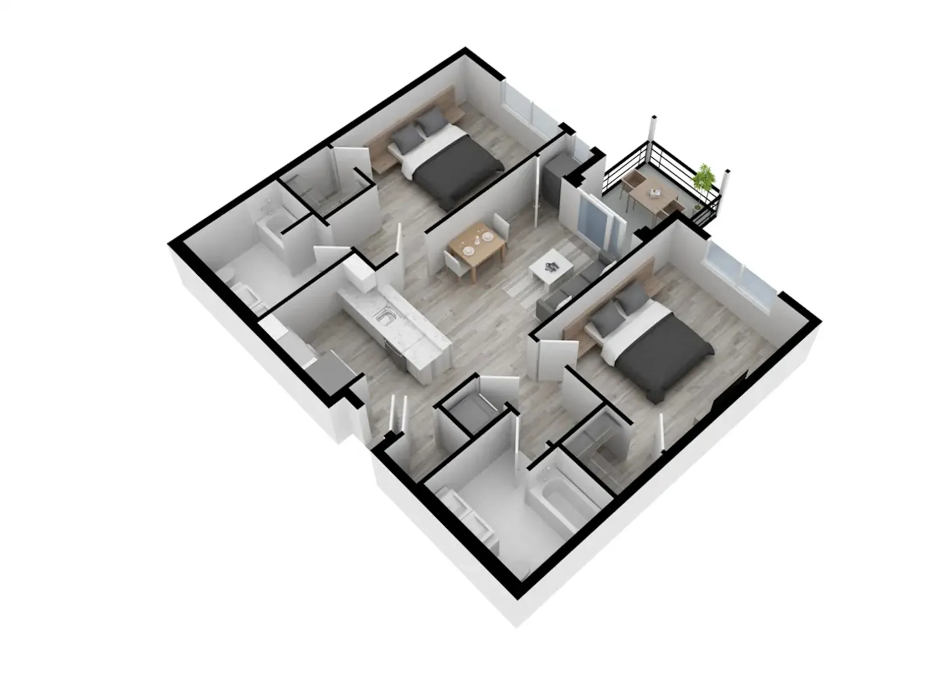 Modern 3D floor plan showcasing two bedrooms, open living area, sleek kitchen, and private balcony.