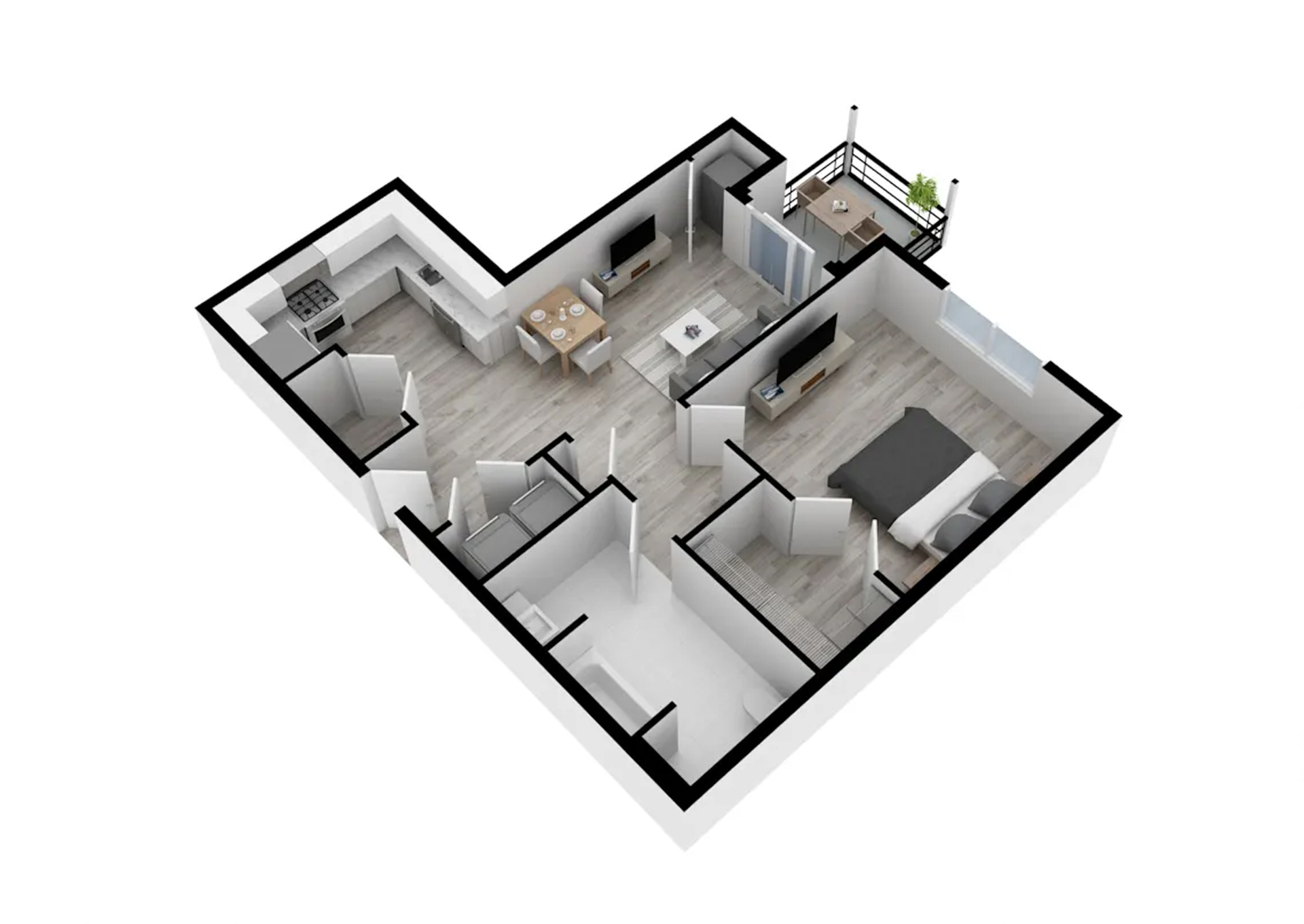 Modern 3D floor plan showcasing an elegant one-bedroom apartment with an open-concept kitchen, cozy living room, and private balcony, designed for comfortable urban living.