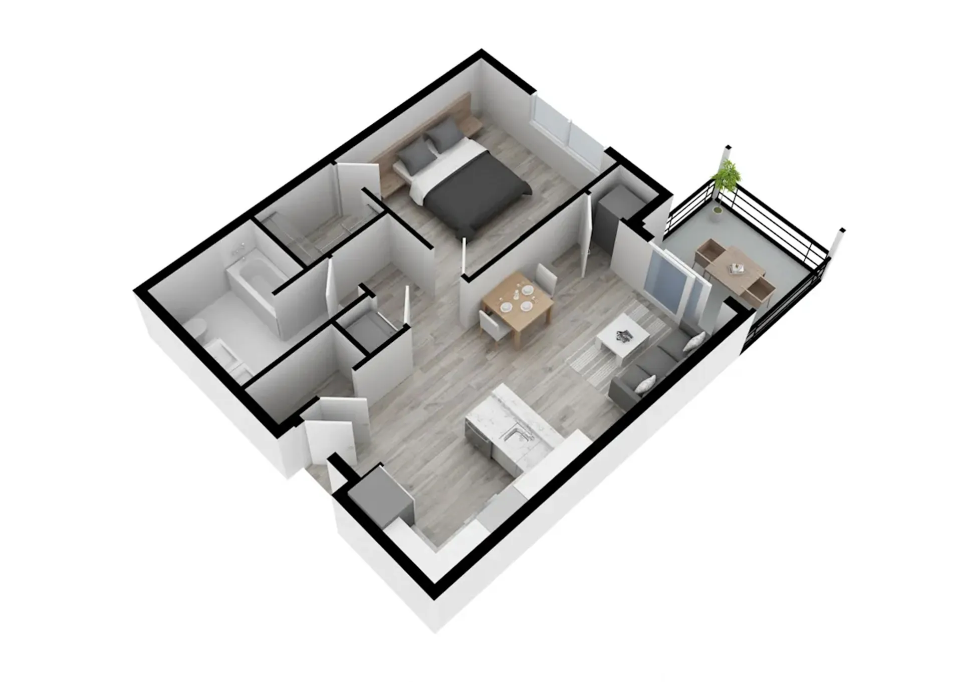 Modern 3D floor plan featuring a spacious bedroom, stylish living area, chic kitchen, and a cozy balcony for outdoor relaxation.