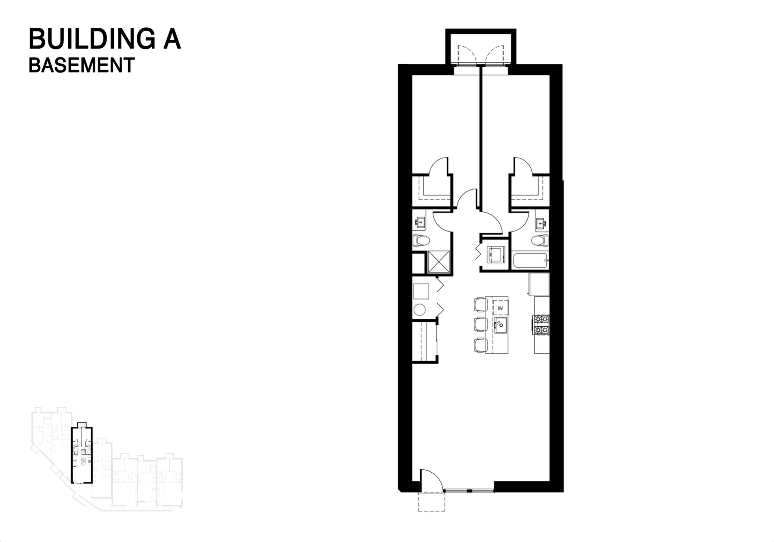 Building A basement floor plan showcasing a modern open kitchen, cozy living area, two bedrooms, and two bathrooms.