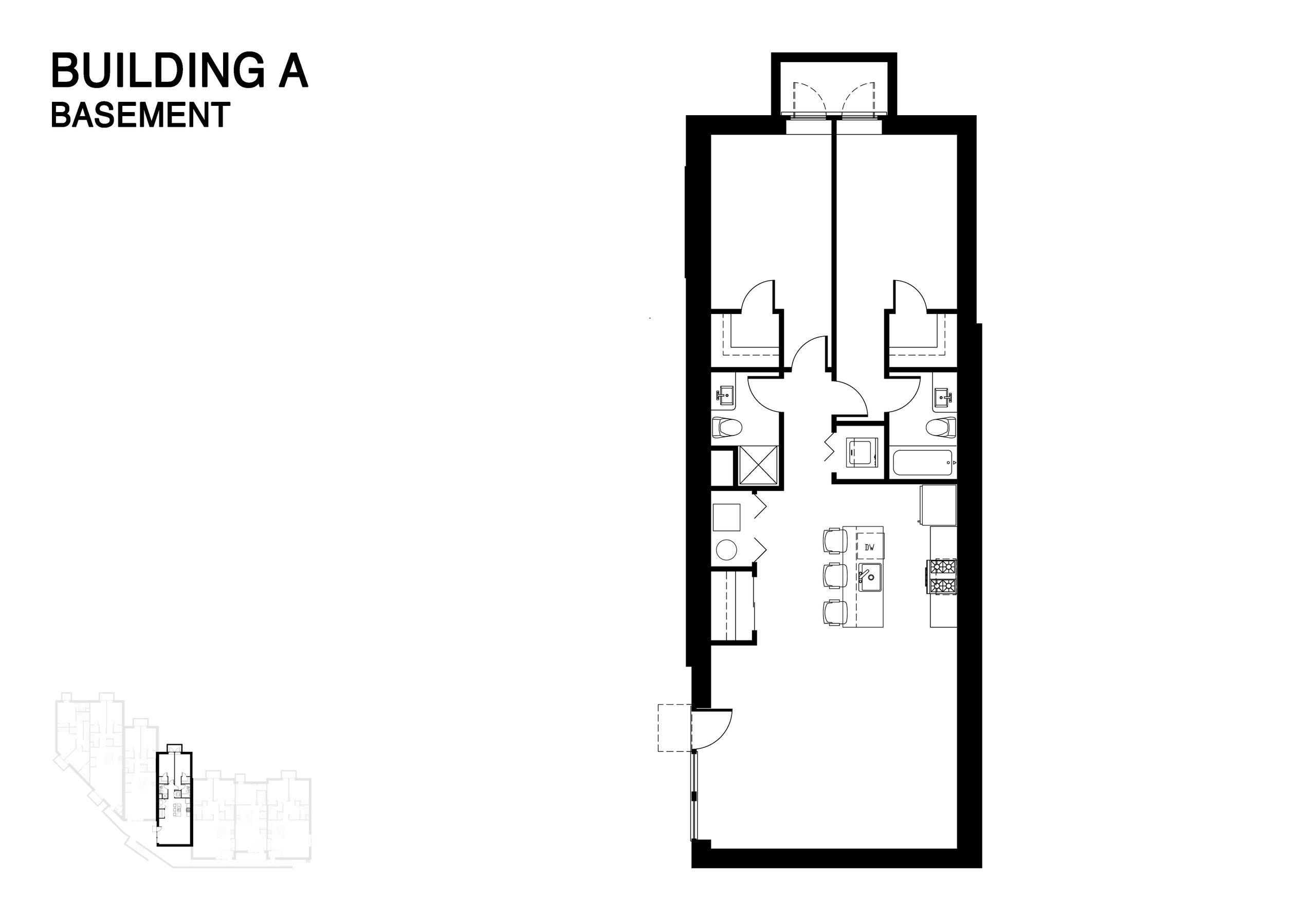 Basement floor plan of Building A showcasing a modern layout with two bedrooms, two bathrooms, and an open-plan kitchen and living area.