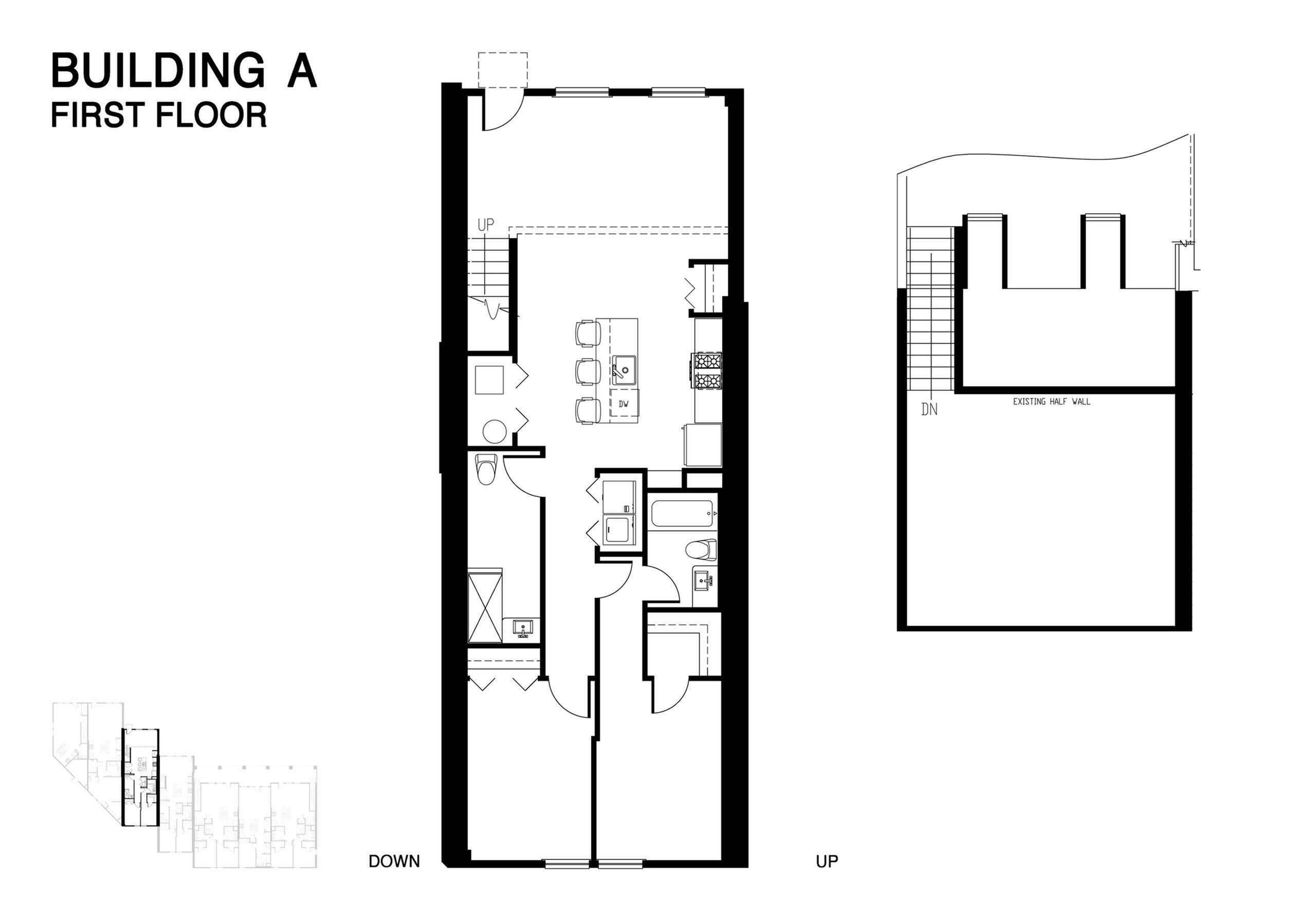 Modern first-floor layout in Building A featuring open kitchen with island, cozy dining area, and convenient bathroom layout.