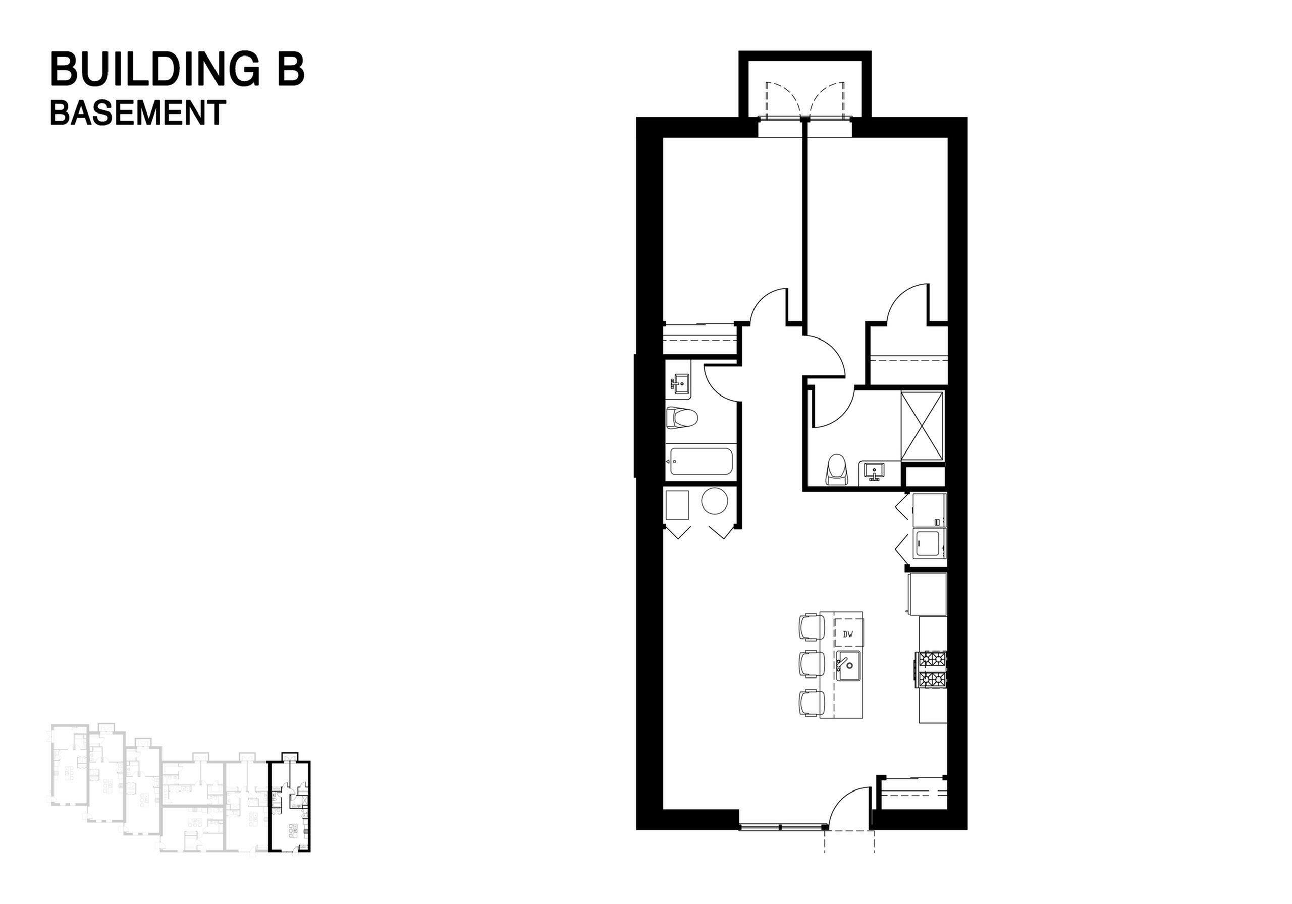 Inviting basement floor plan of Building B featuring a cozy kitchen, modern bathroom, and spacious open-concept living area.