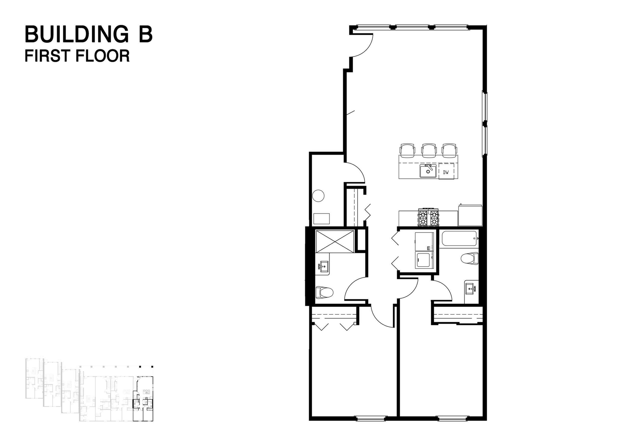 Modern floor plan for Building B First Floor featuring an open-concept kitchen with island seating, spacious living area, and two bedrooms with ample storage space.