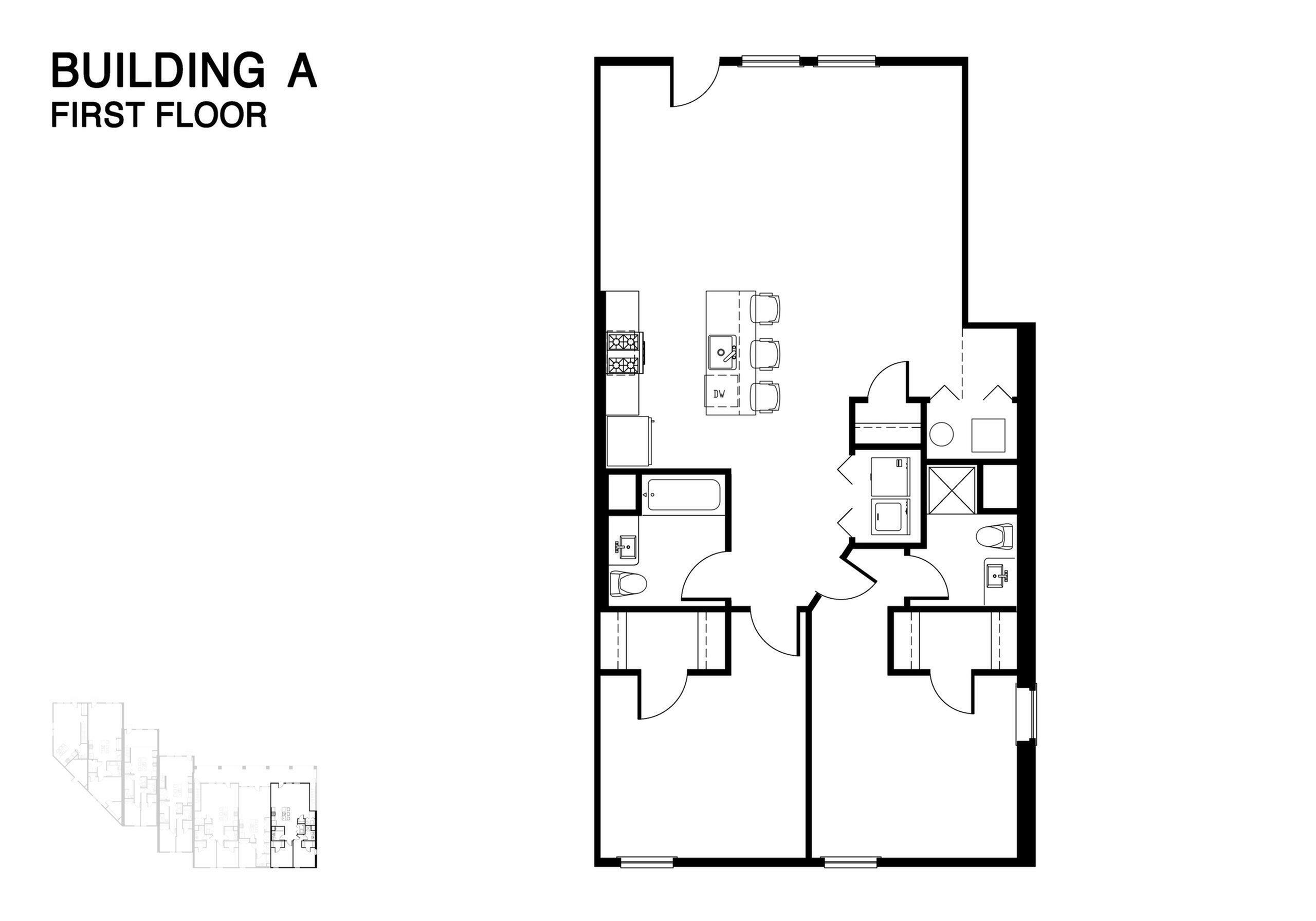 Modern first floor plan of Building A featuring an open-concept design with a spacious kitchen and inviting living area.
