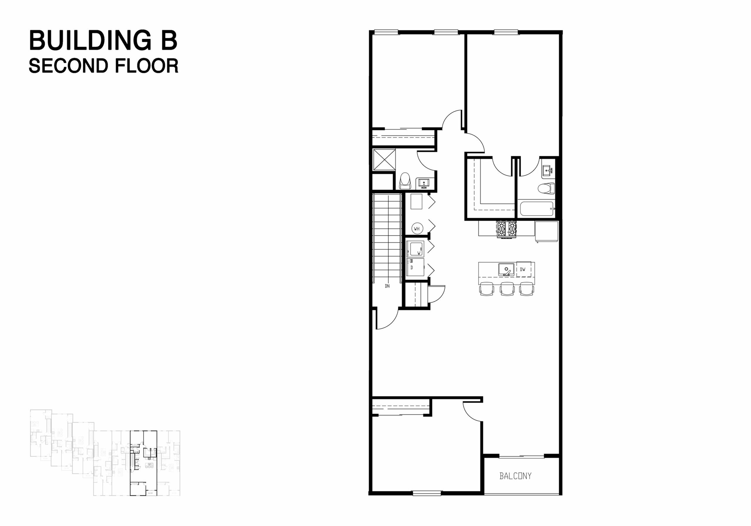 Second floor plan of Building B showcasing a modern design with two spacious bedrooms, open living and kitchen area, and a balcony.