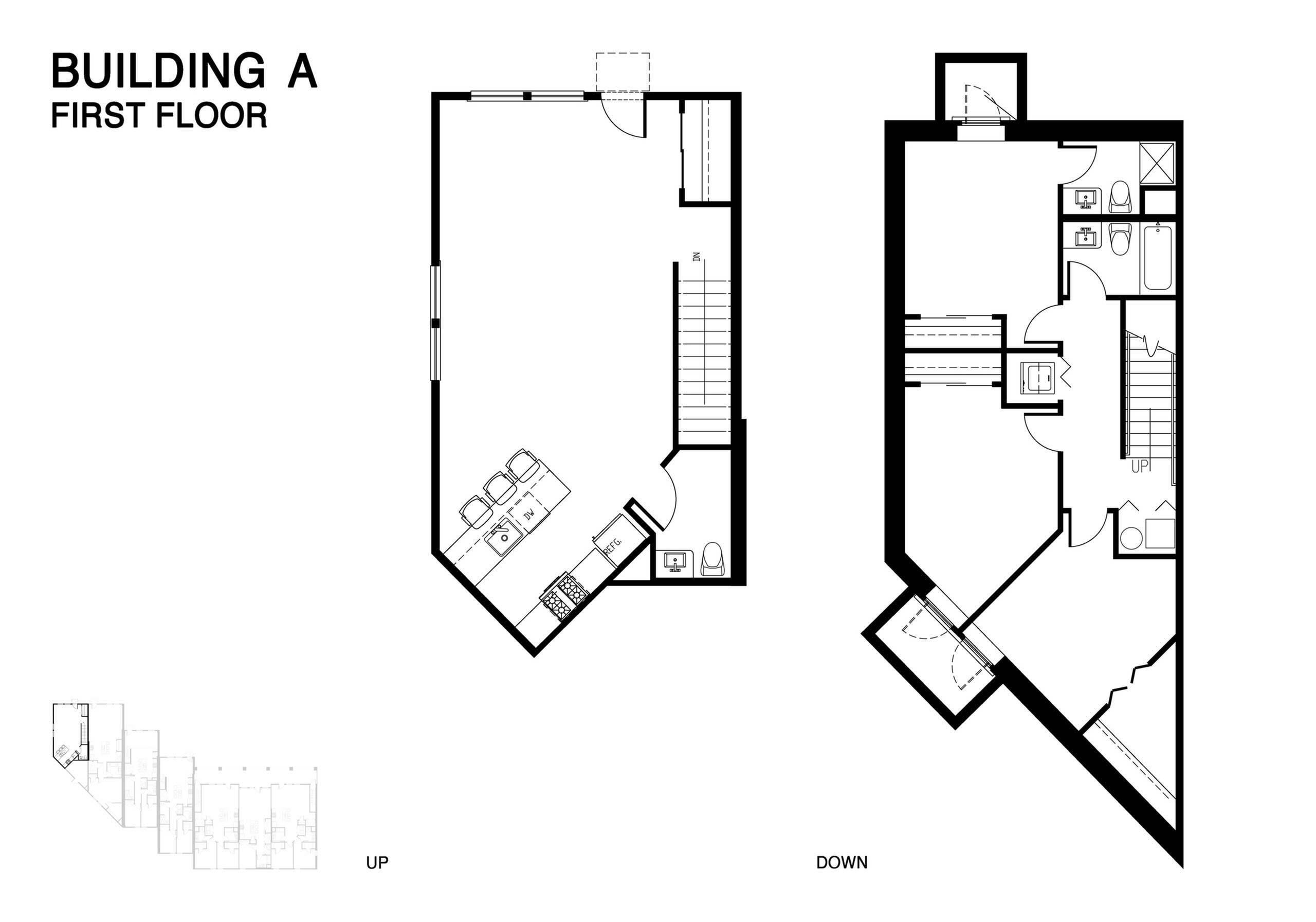 Elegant first-floor layout of Building A showcasing a unique two-level design with a stylish open kitchen, dining area, and dual bathrooms.
