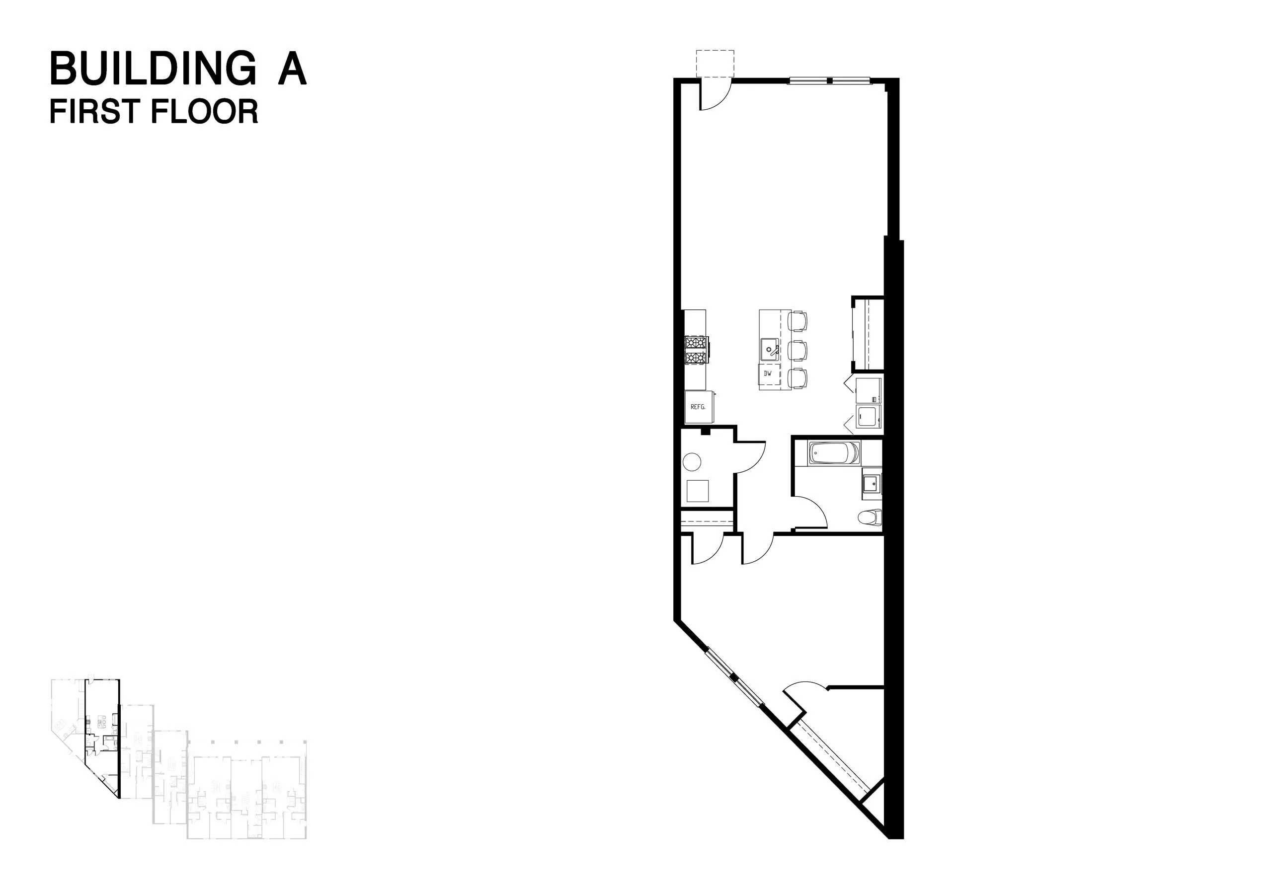 Chic 1-bedroom floor plan in Building A with open kitchen, inviting bathroom, and cozy living area on the first floor.
