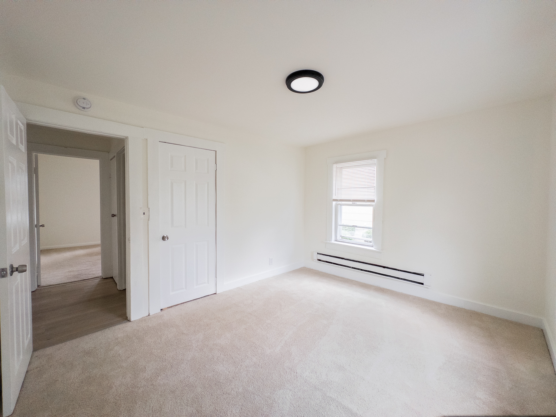Bright and airy bedroom with fresh white walls, plush carpeting, and ample natural light from a large window.