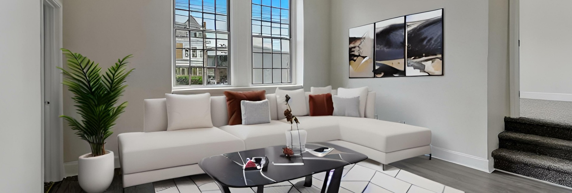 virtually staged living room at franklin manor apartment building
