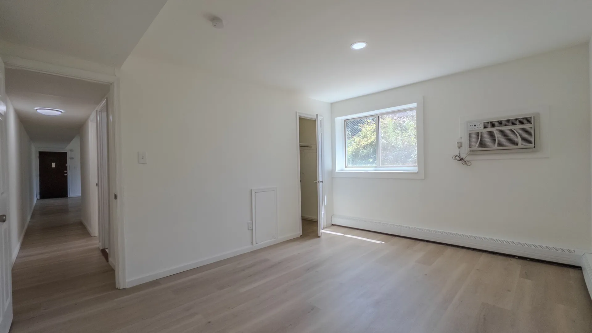 renovated apartment with vinyl plank floors, and lots of lighting