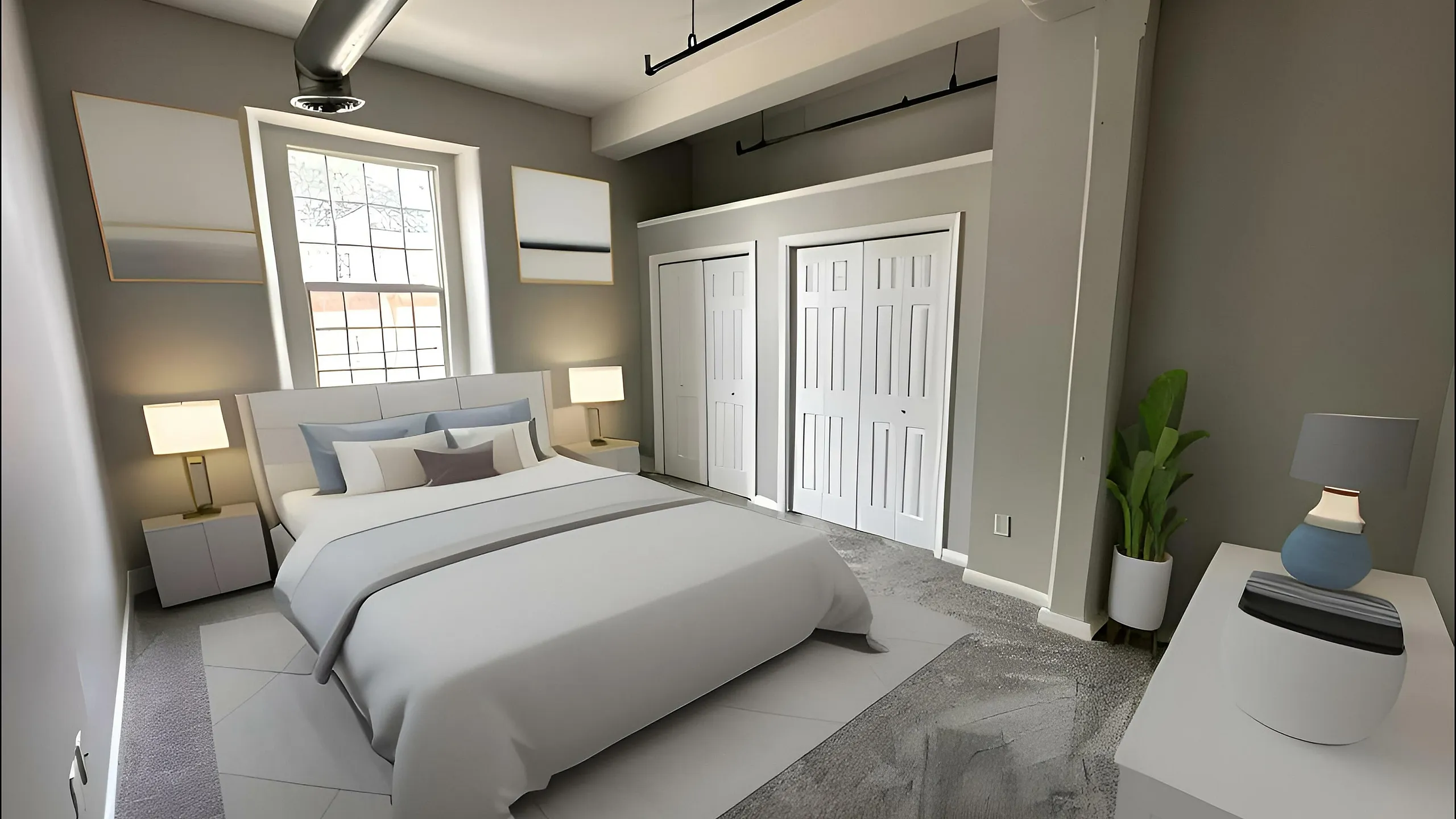 Modern bedroom with elegant decor, featuring a plush bed, stylish lamps, and large windows for natural light.