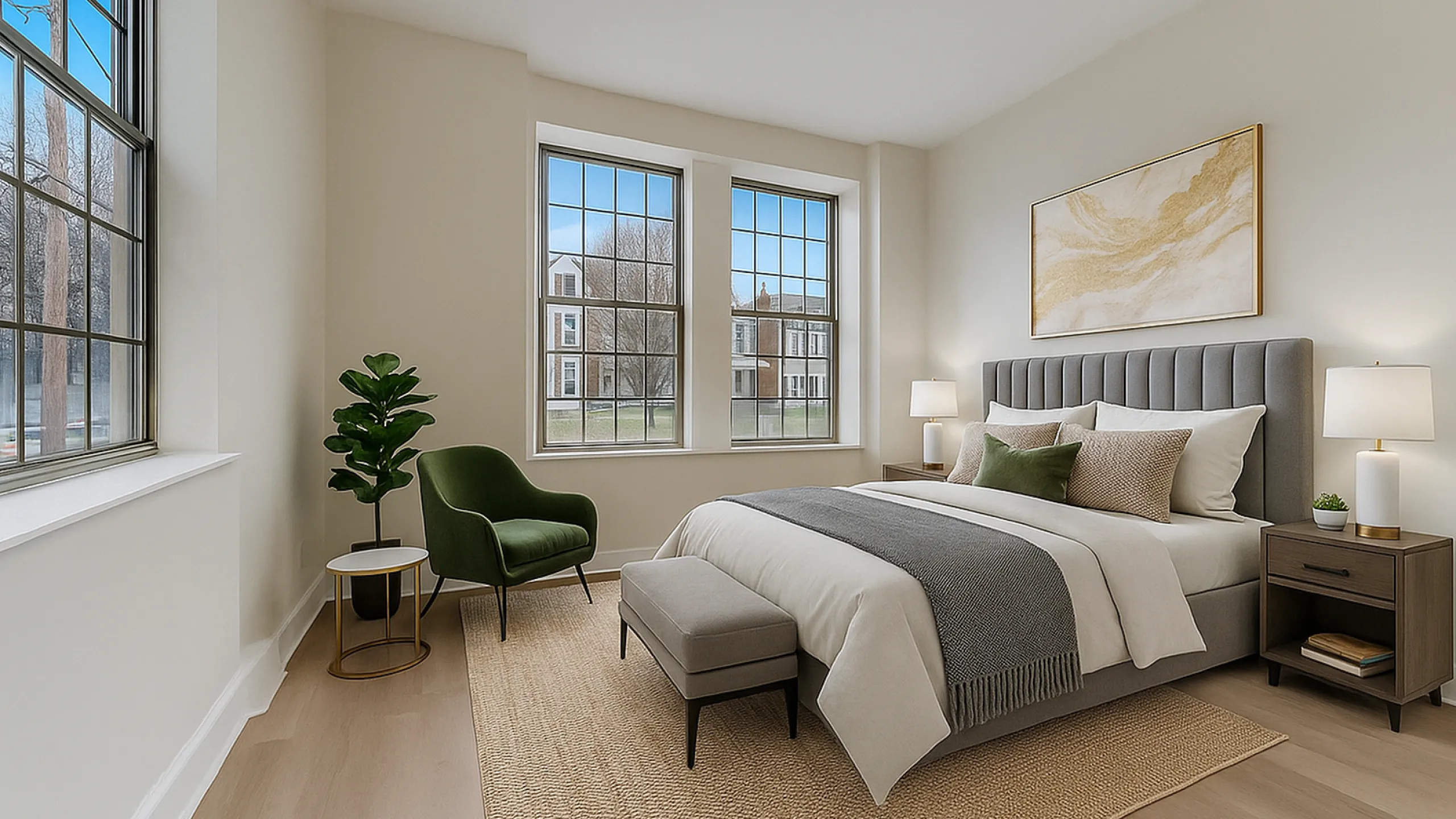Bright and elegant bedroom with large windows, featuring a cozy bed, stylish green chair, and thoughtful decor for a serene atmosphere.