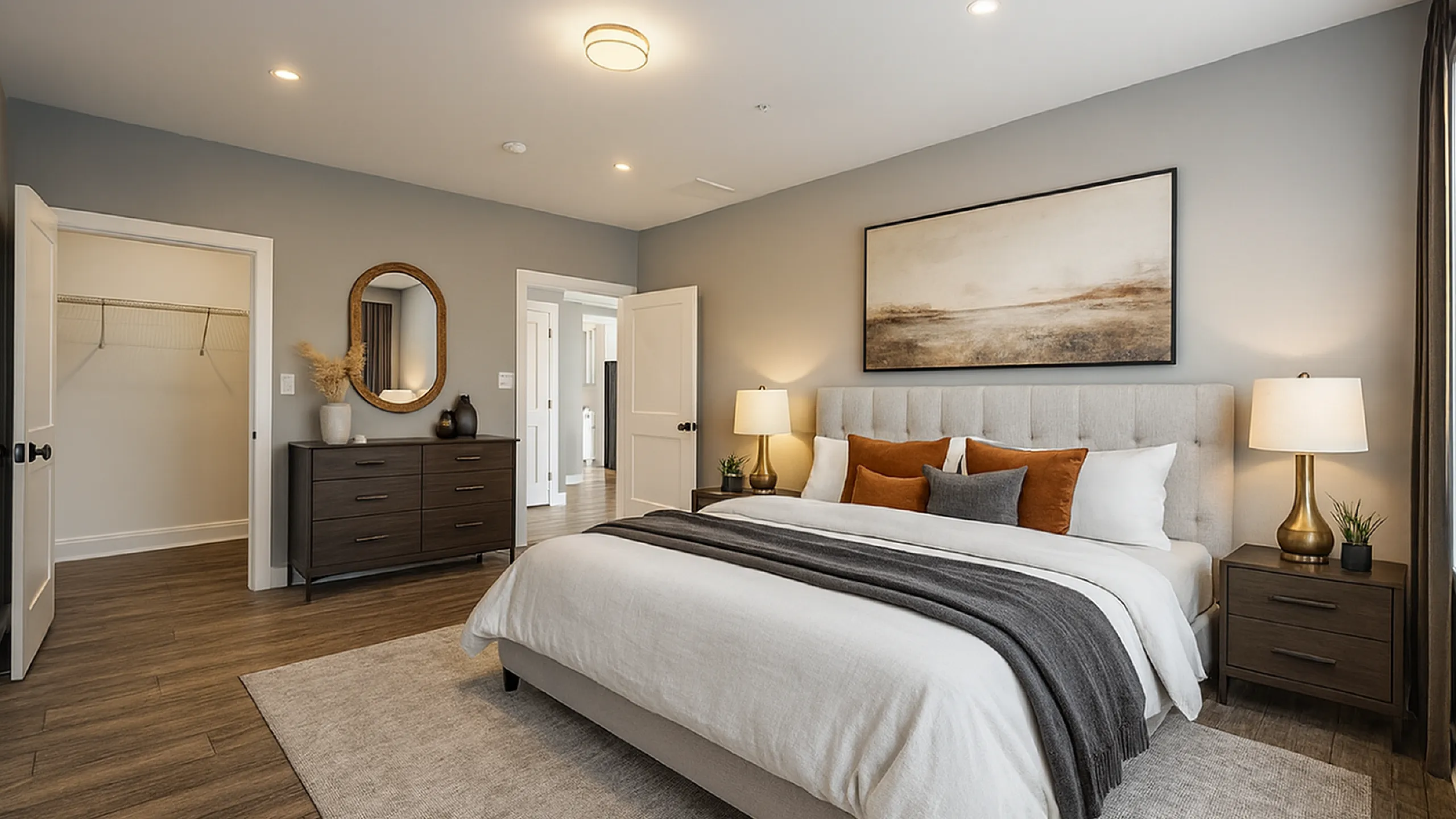 Elegant bedroom with modern decor showcasing a plush bed, ambient lighting, and chic artwork, offering a serene retreat.