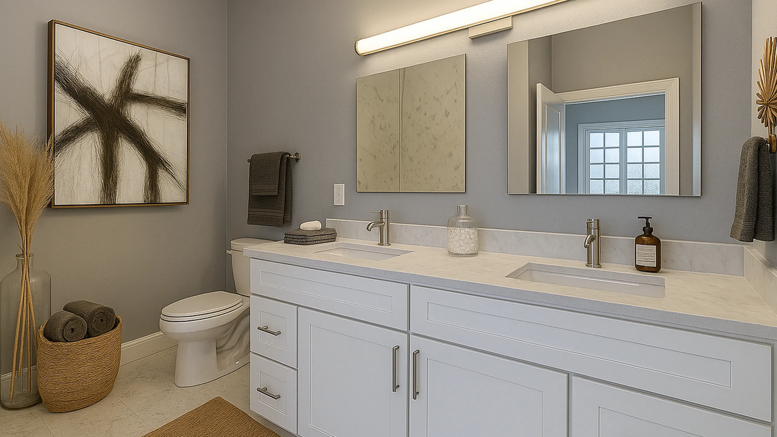 Elegant modern bathroom featuring dual sinks, chic wall art, and contemporary decor with soft lighting.
