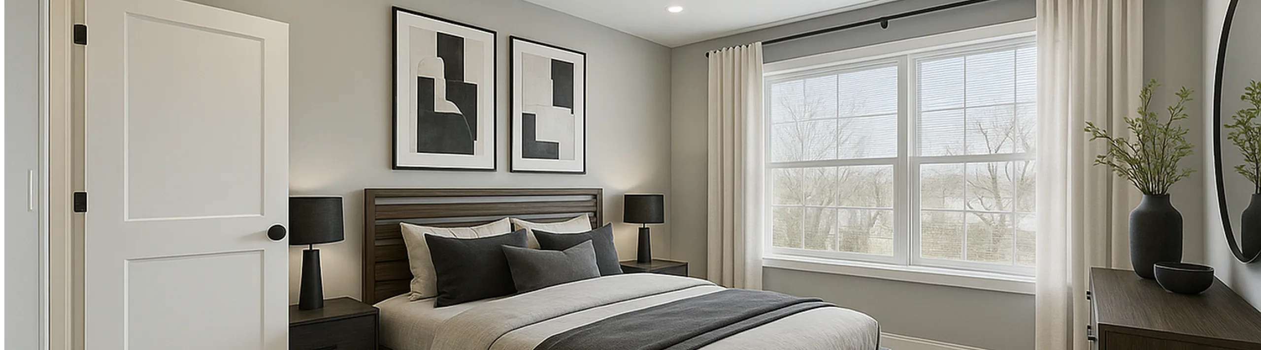 Elegant bedroom with modern decor, featuring a cozy bed, stylish artwork, and a large window for ample natural light.
