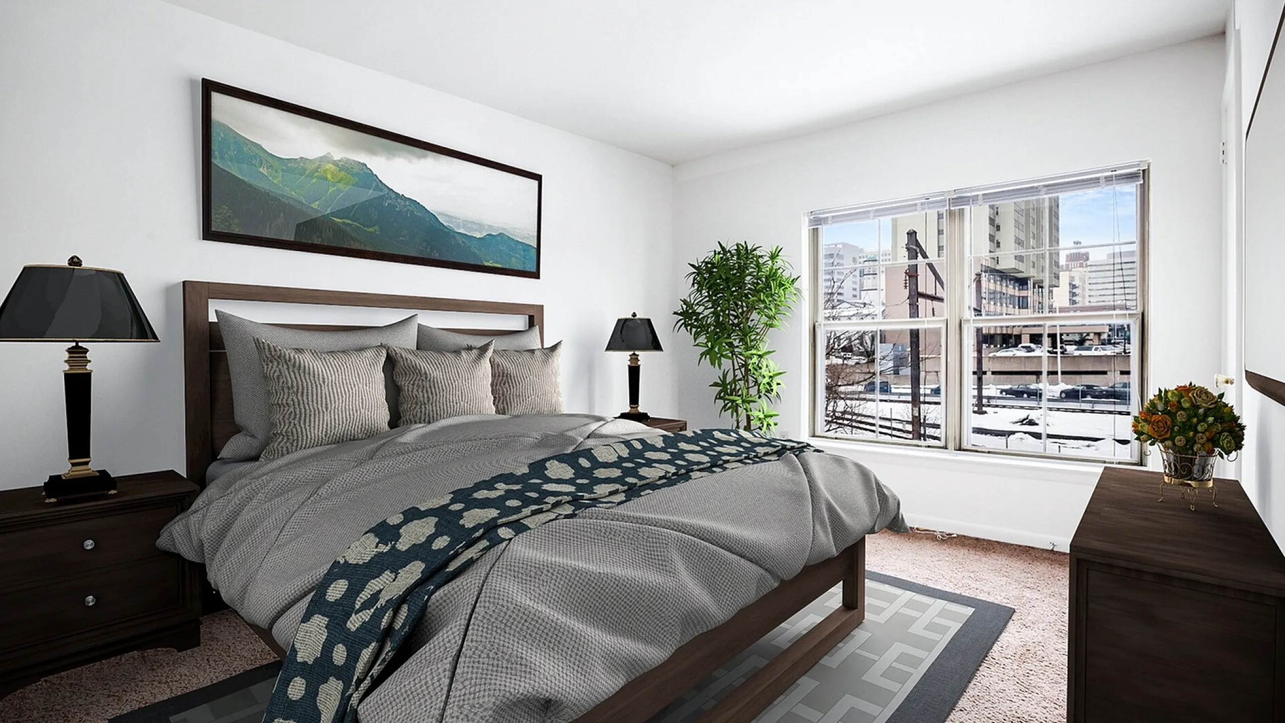 Elegant bedroom featuring a plush bed with stylish bedding, flanked by chic lamps, large window with a cityscape view, and tasteful wall art.