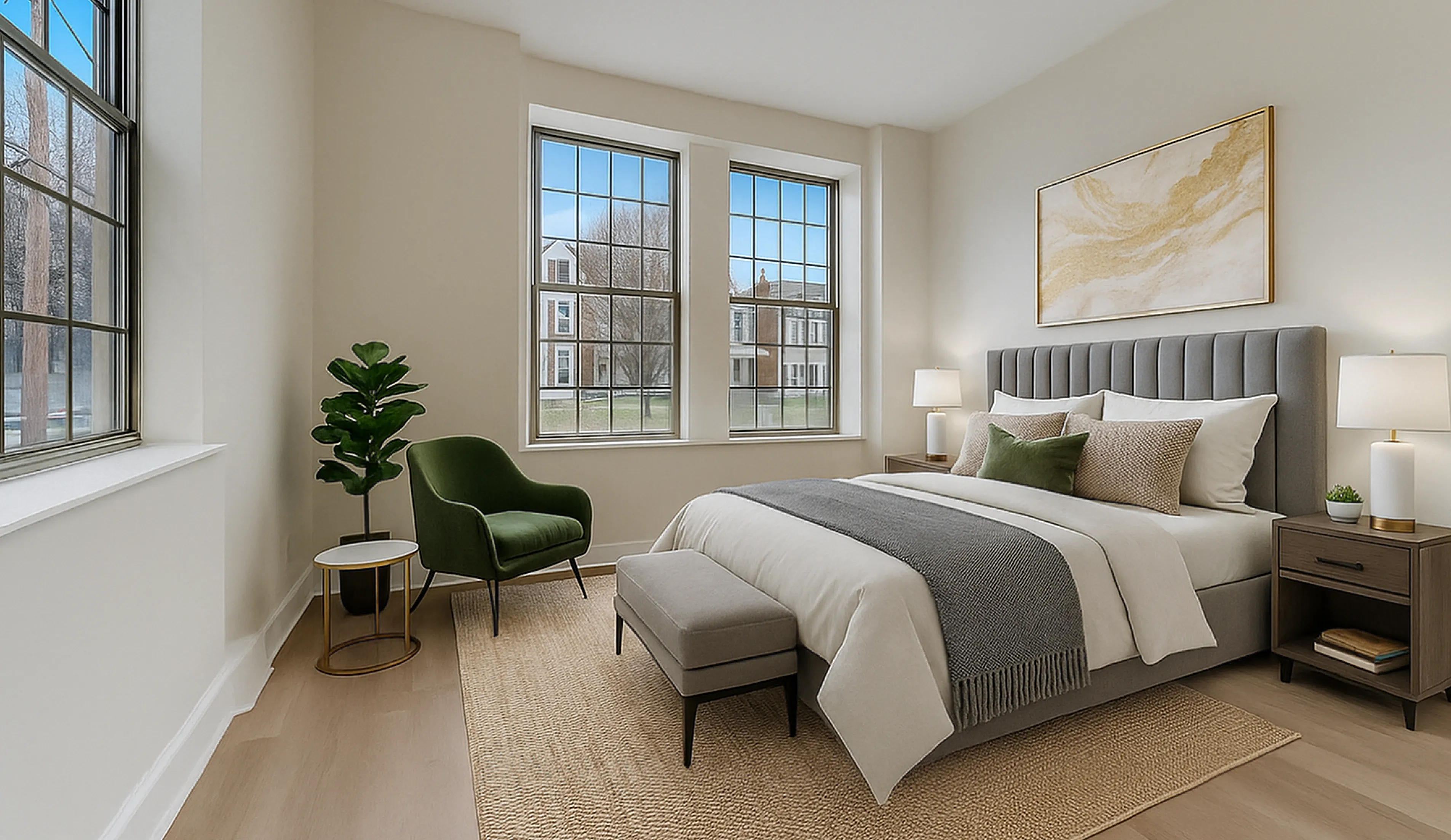 Bright, modern bedroom featuring a plush, grey-upholstered bed, large windows with scenic views, elegant decor, and a cozy reading nook with a green armchair.