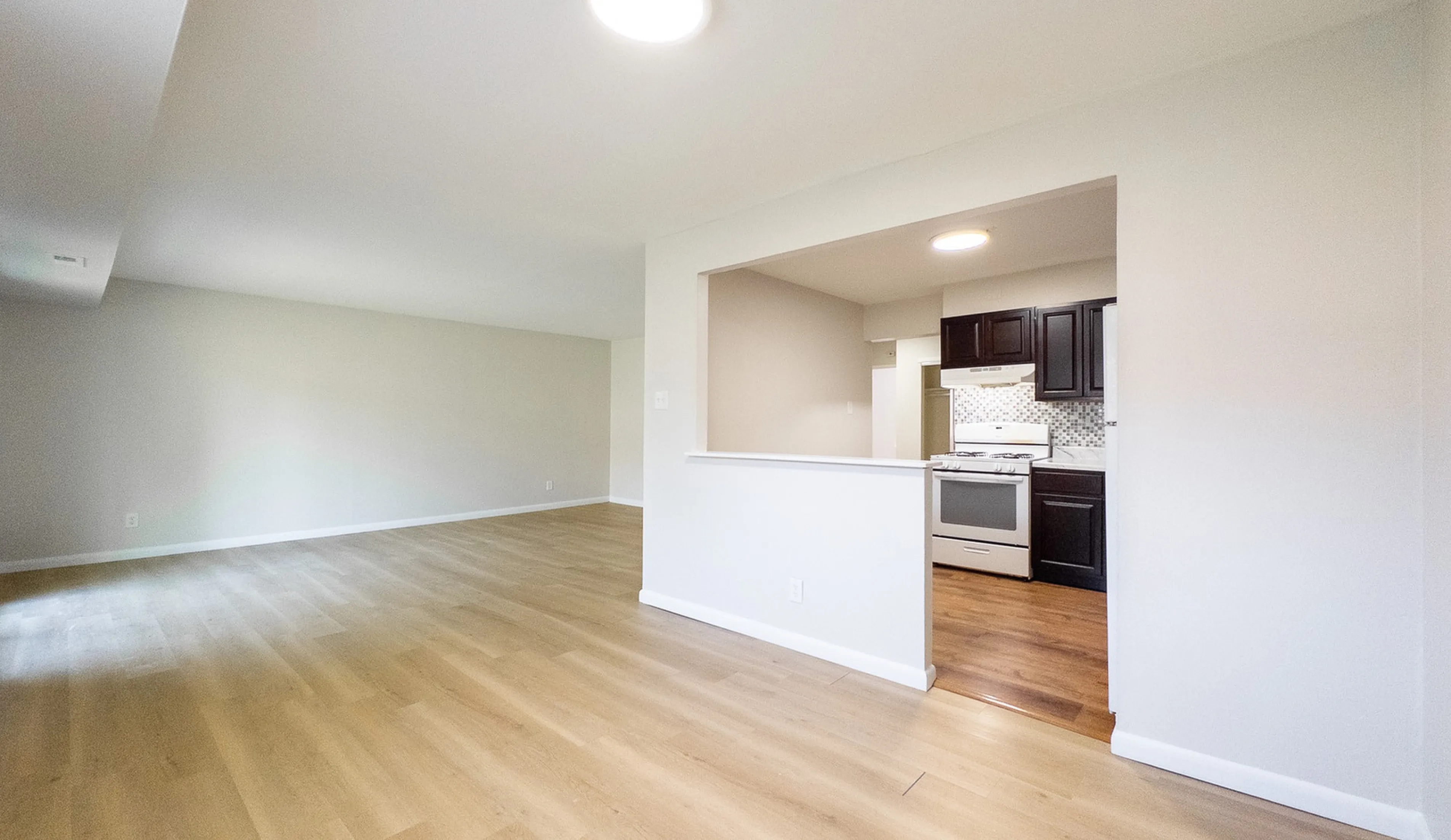 Bright open-concept living space with elegant hardwood floors and a modern kitchen featuring dark cabinetry and sleek appliances.