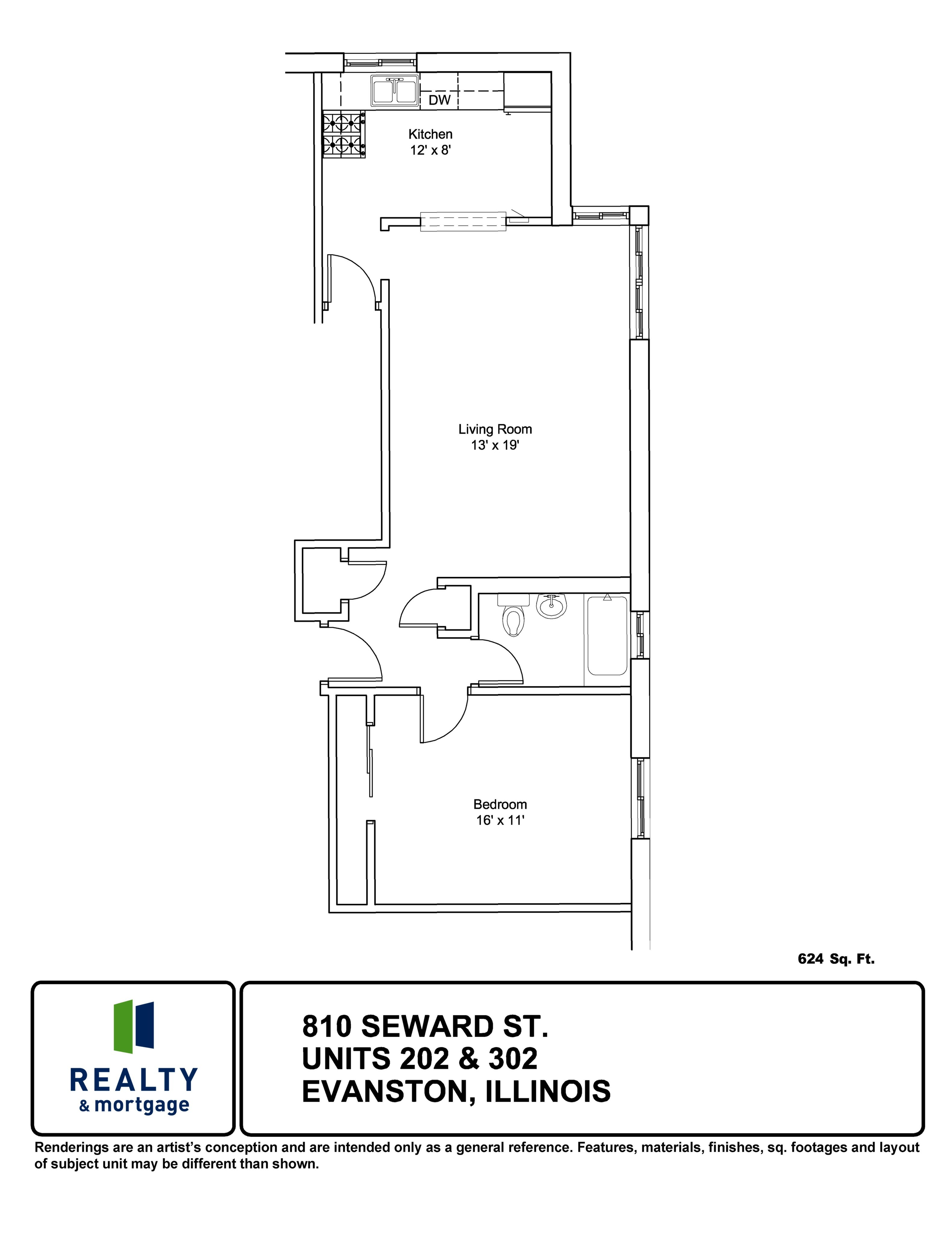 810 Seward Apartments 202 and 302 One Bedroom Floor Plan.