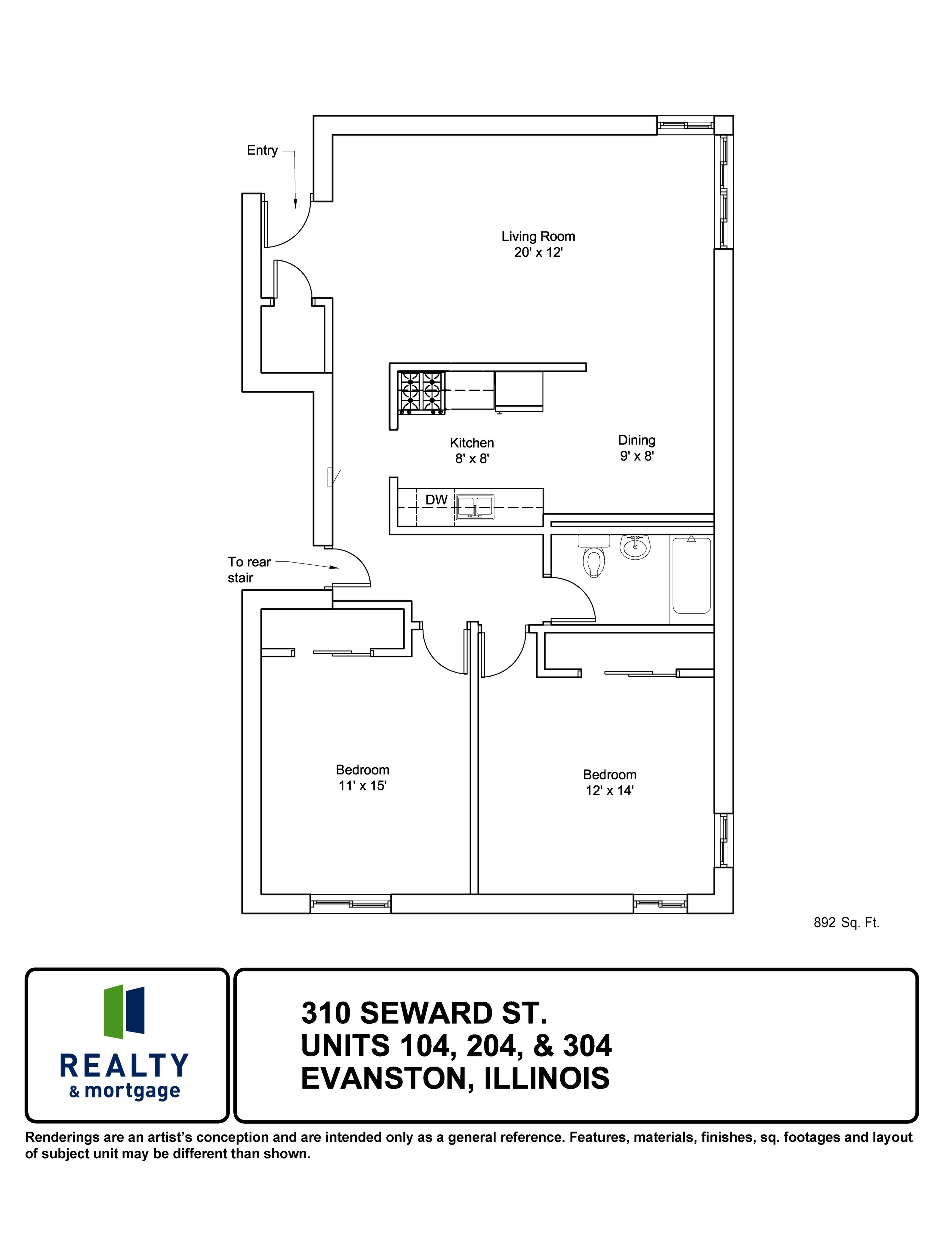 810 Seward Apartments 204 and 304 Two Bedroom Floor Plan.
