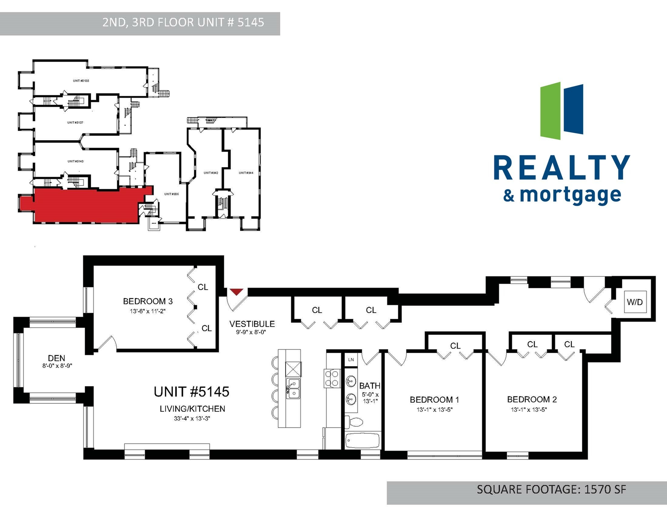 5145 South Ingleside Floors 2 and 3 Three Bedroom Floor Plan - 1,570 Square Feet.