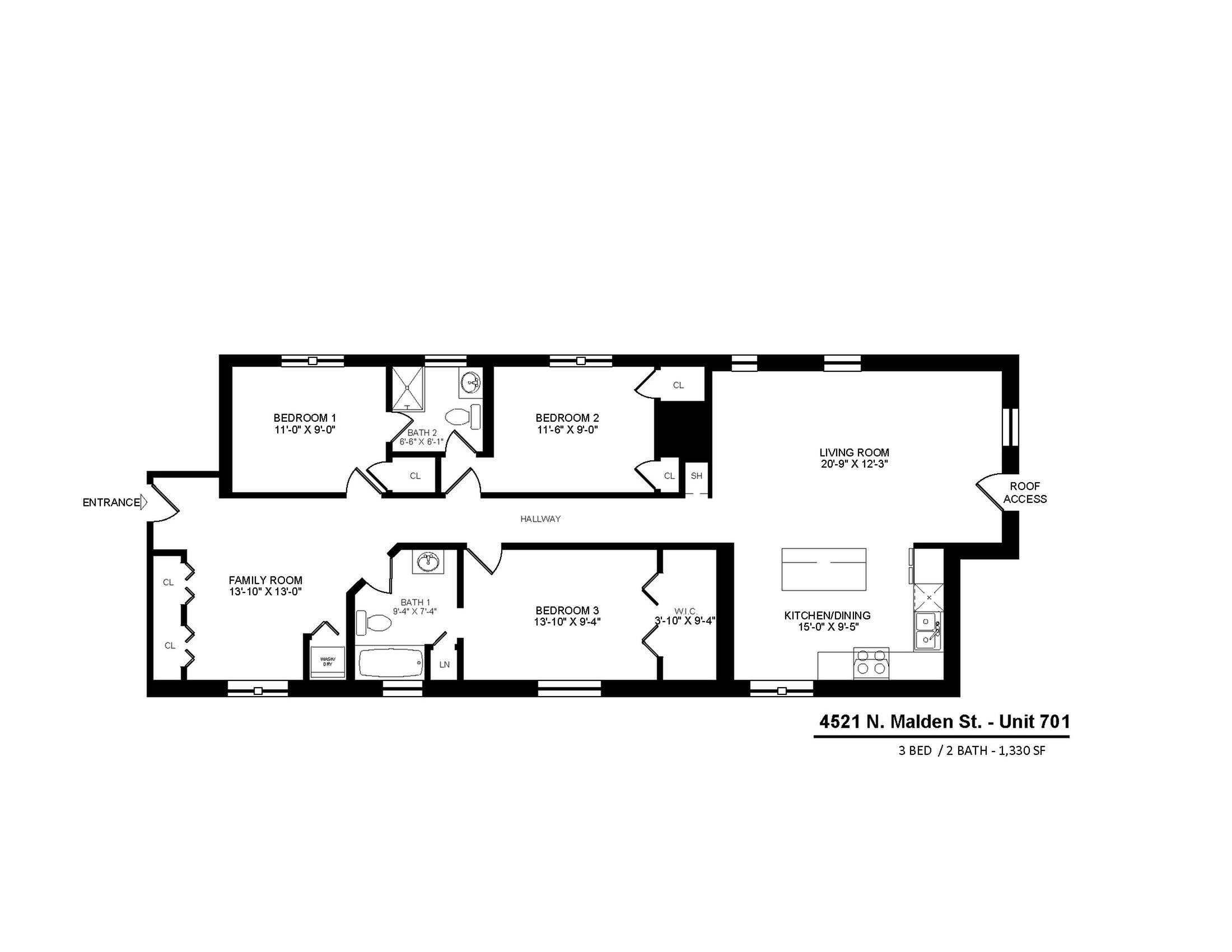 4521 North Malden Apartment 701 three bedroom two bathroom floor plan - 1,330 square feet.