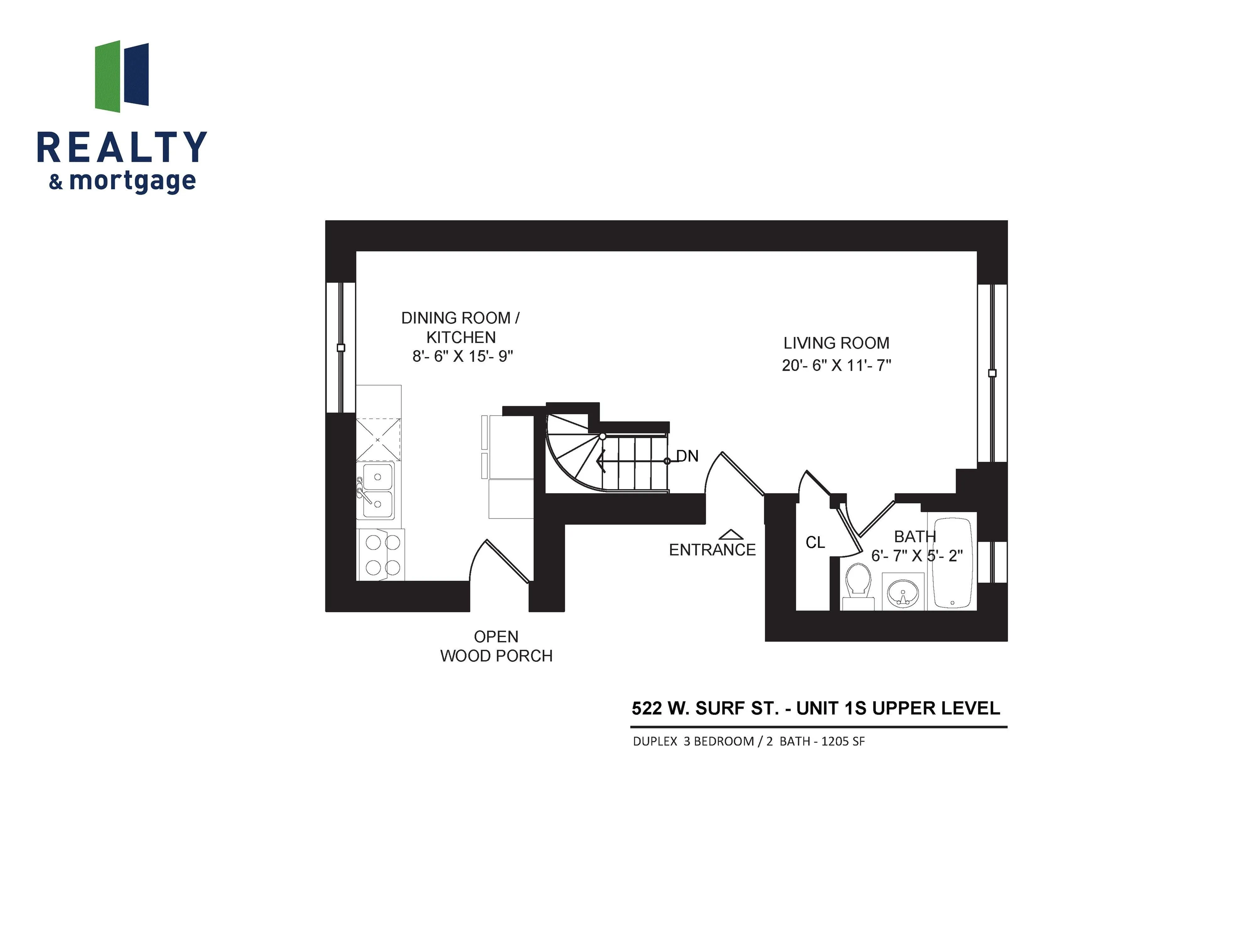 522 West Surf Apartment 1S Three Bedroom Upper Floor Plan.