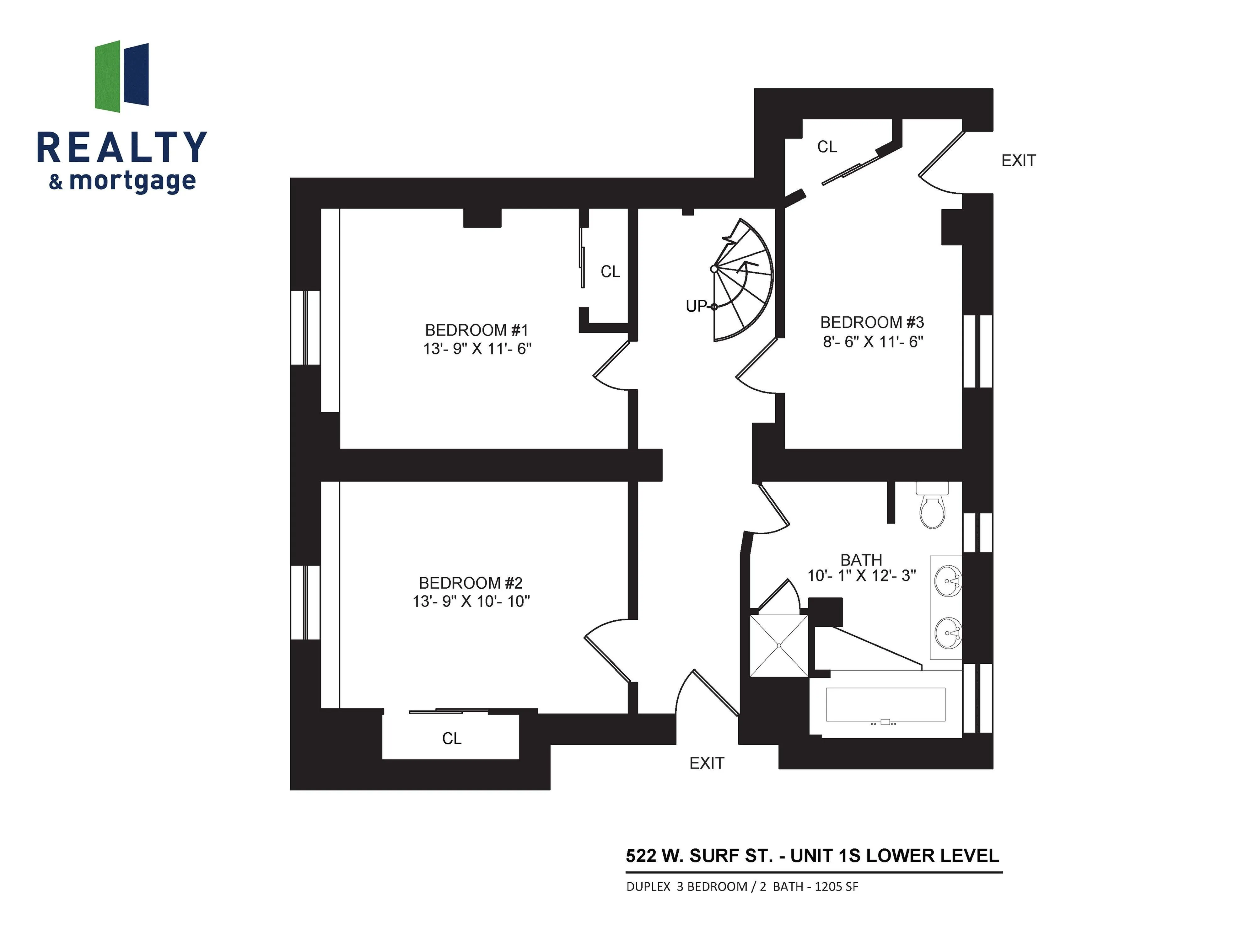 522 West Surf Apartment 1S Three Bedroom Lower Floor Plan.