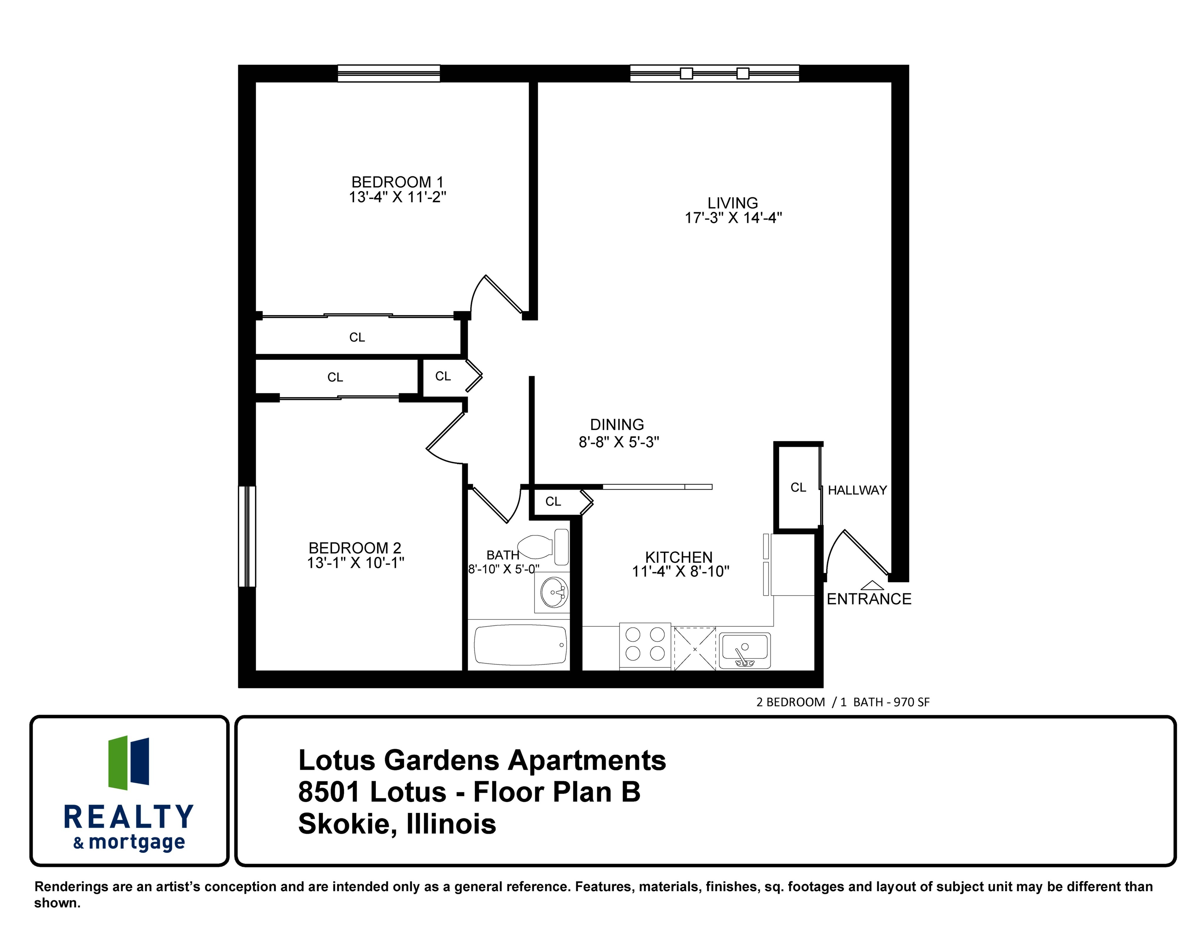 2 Bedroom Floor Plan B | 2 Bed Apartment | Lotus Garden Apts.