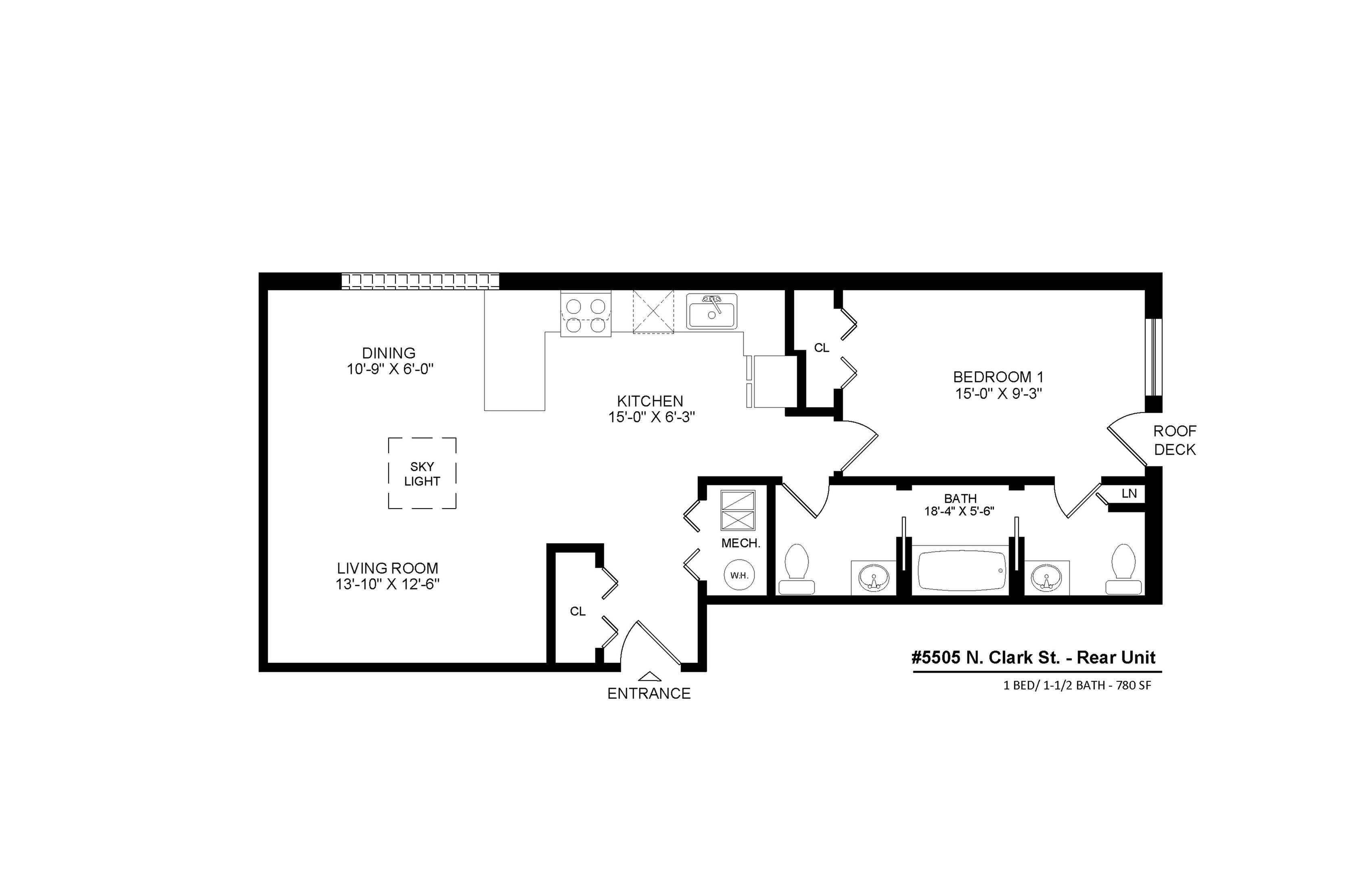 5505 North Clark one bedroom 1.5 bath floor plan - 780 square feet.
