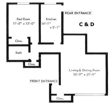 Garden House Apartments One Bedroom C & D Floor Plan.