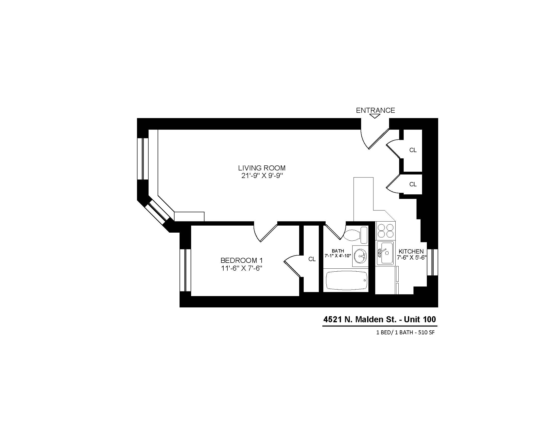4521 North Malden Apartment 100 one bedroom floor plan.