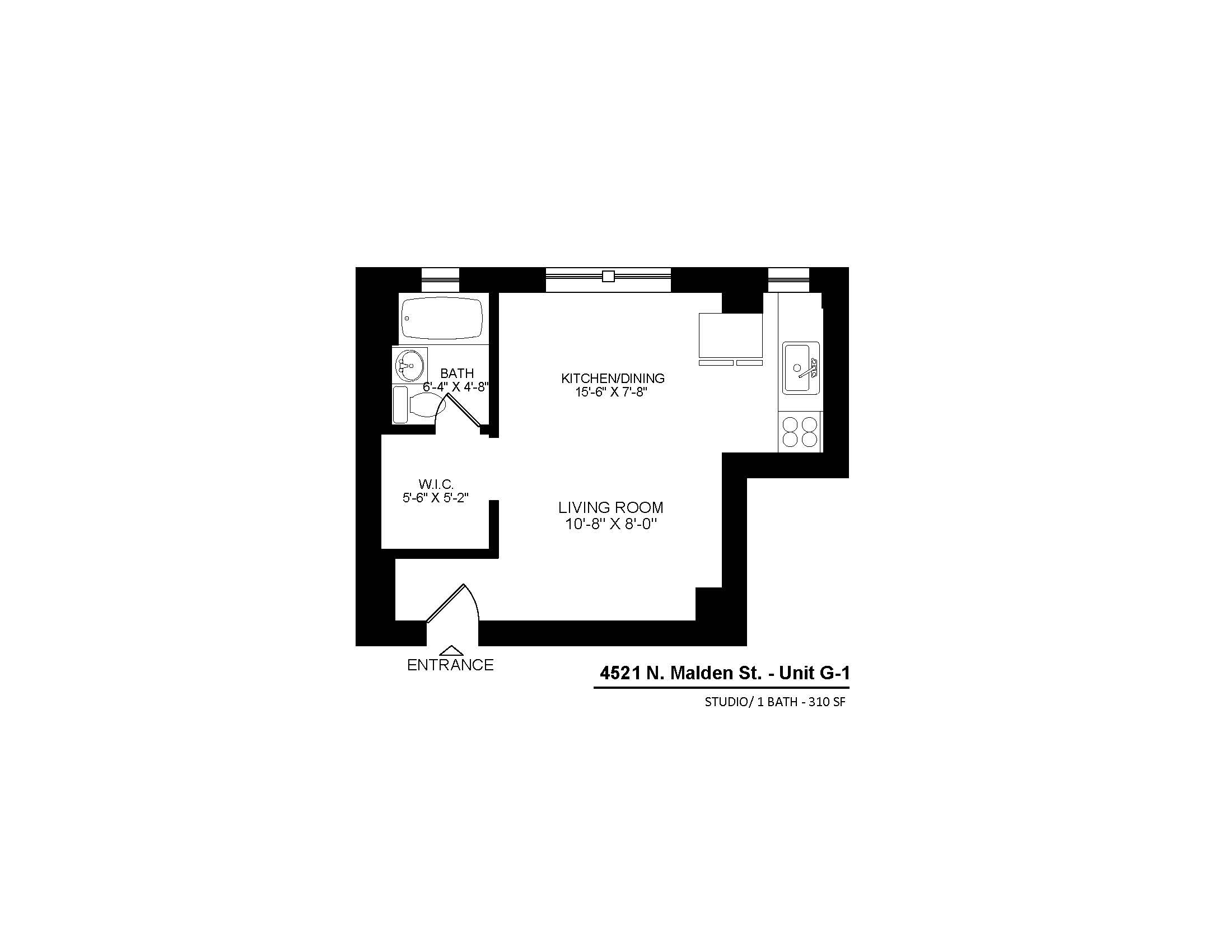 4521 North Malden Apartment G1 studio floor plan.